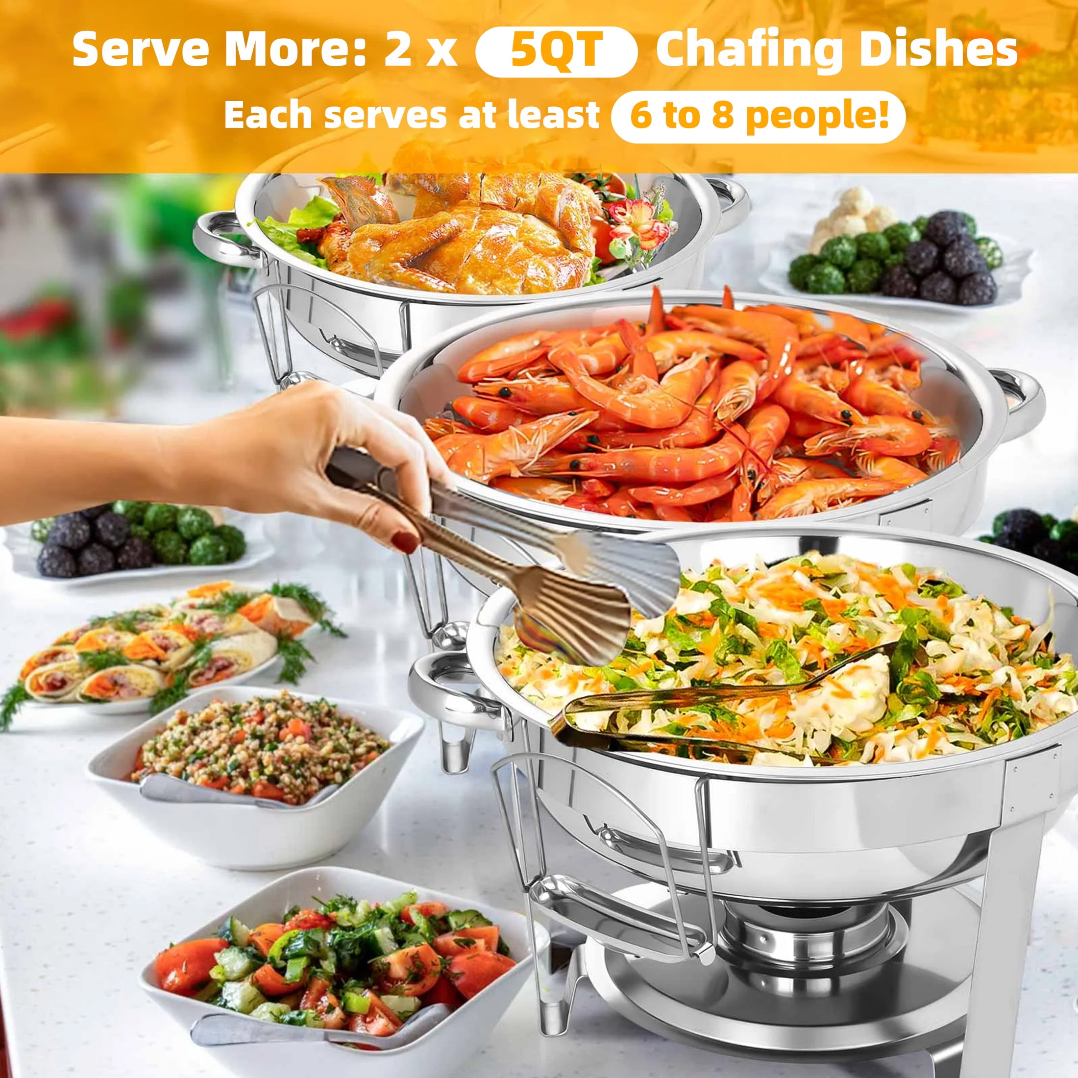 Firstness Chafing Dishes Buffet Set 2 Pack, 5 QT Round Buffet Chafing Dishes, Stainless Steel Chafers and Buffet Warmers Sets for Thanksgiving Halloween Christmas Gatherings Parties - Image 3