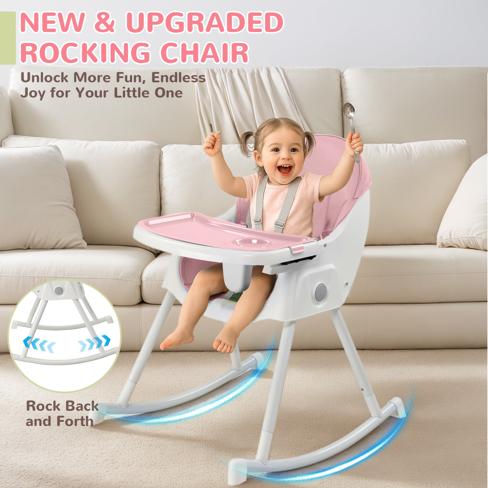 Ktaxon Baby High Chair, Convertible 6 in 1 High Chairs for Babies and Toddlers, Foldable Baby Highchair with 5-Point Safety Harness, Adjustable Dining Tray, Backrest & Height, Pink - Image 5