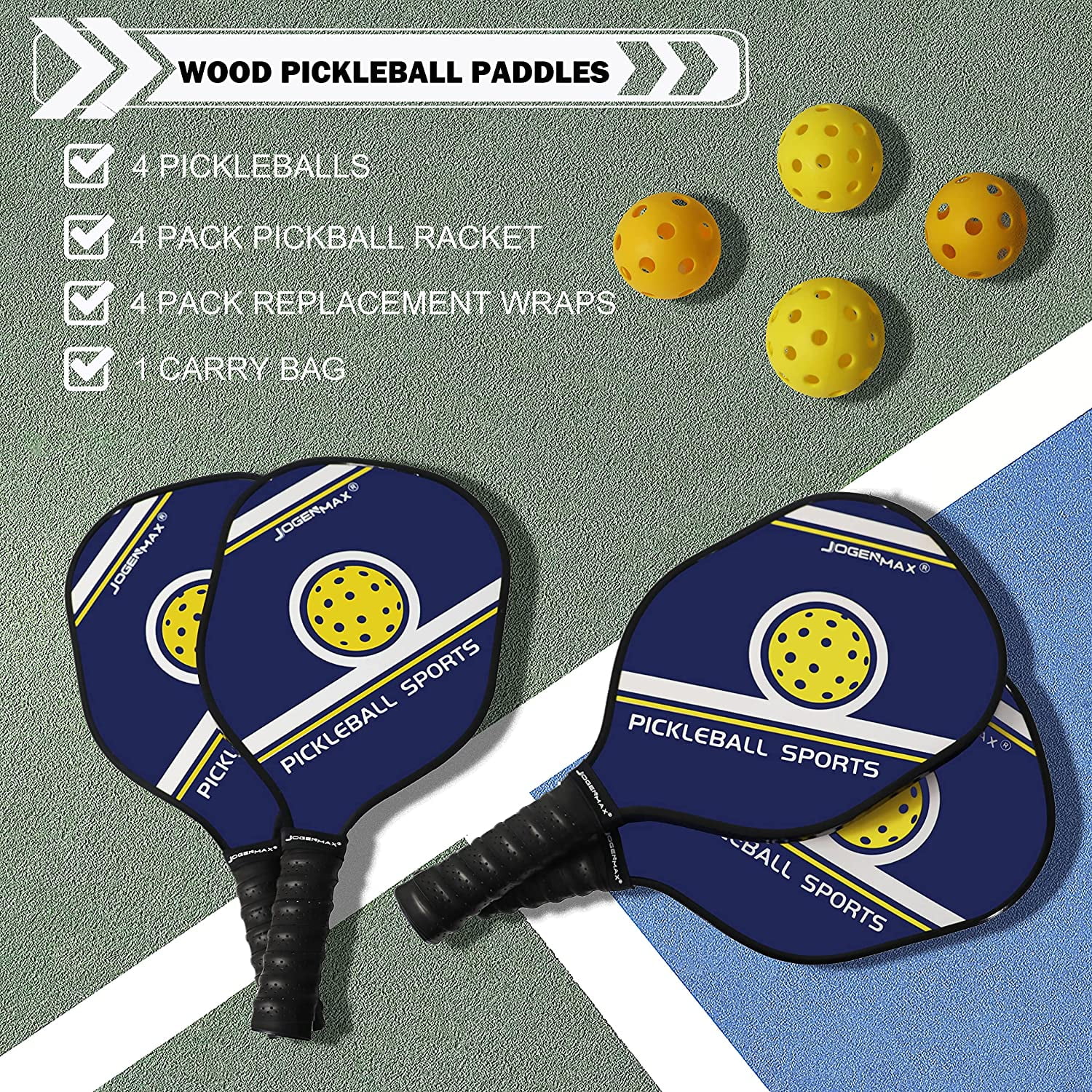 JOGENMAX Wood Pickleball Paddles,Pickleball Set of 4 with Balls - Image 5