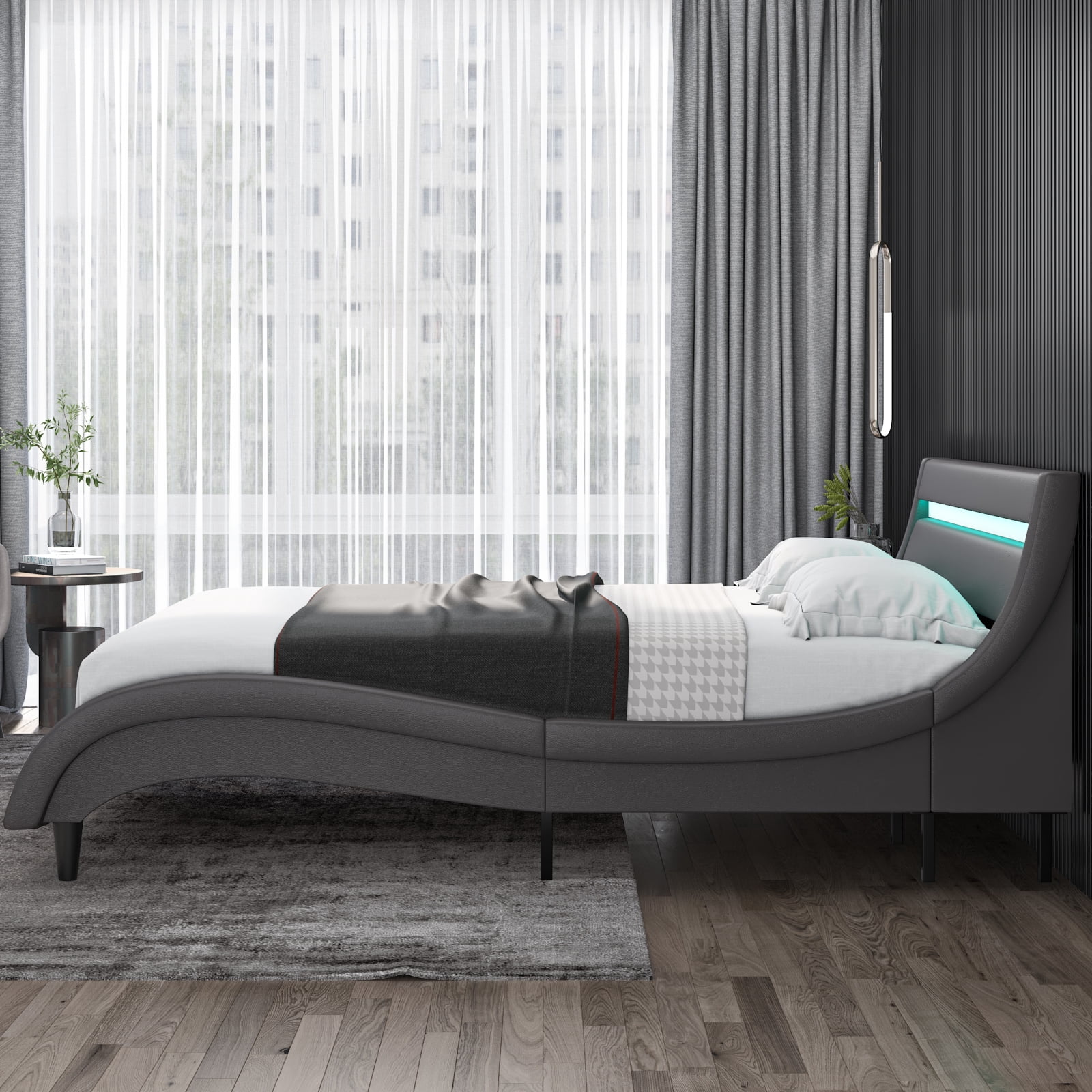 Homfa Queen Size Led Bed Frame, Upholstered Platform Bed with 16 Color Led Headboard, Gray - Image 8