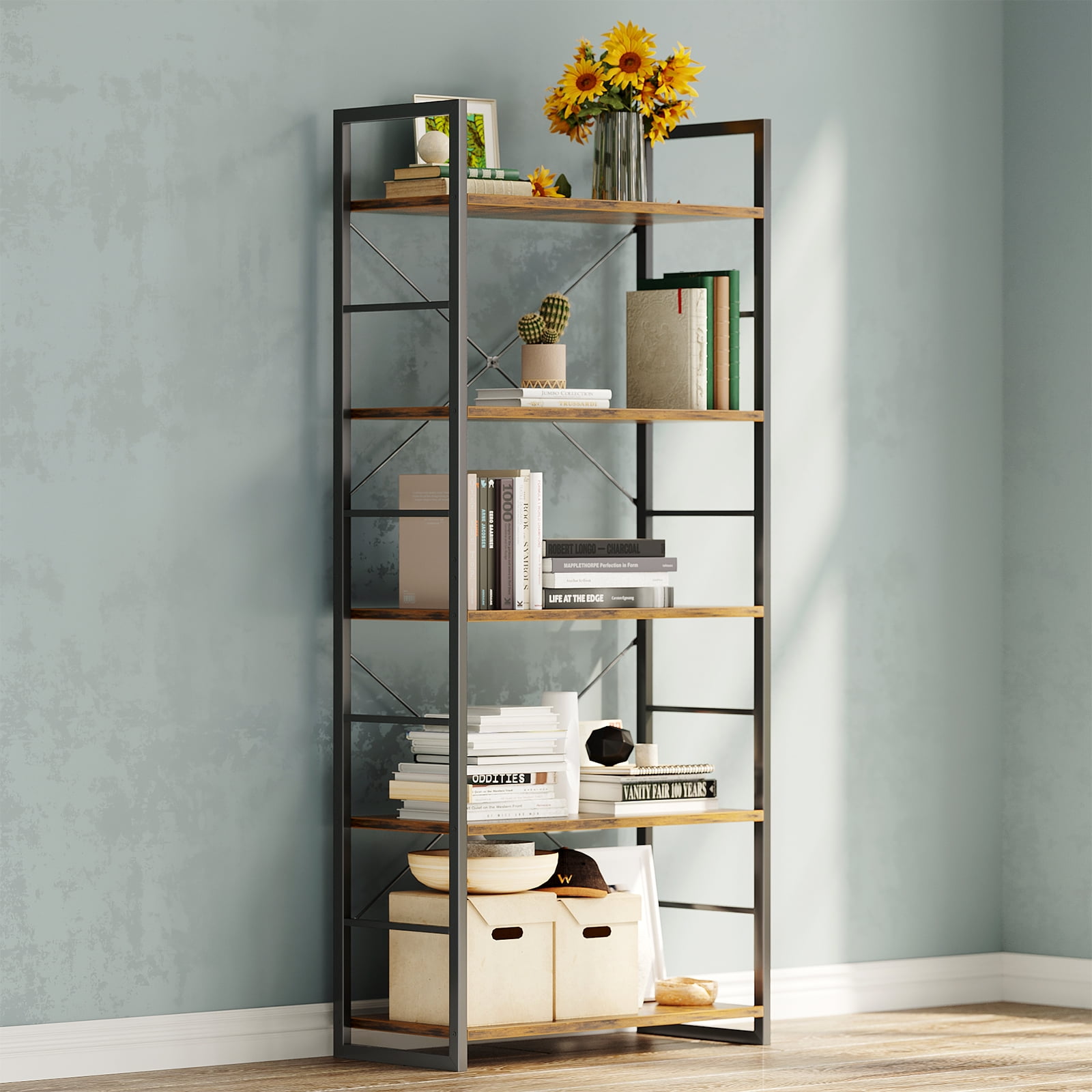 5 Tier Ladder Bookshelf, Industrial Open Bookcase Storage Organizer, Modern Tall Book Shelf for Bedroom, Living Room and Home Office, Rustic Brown - Image 8