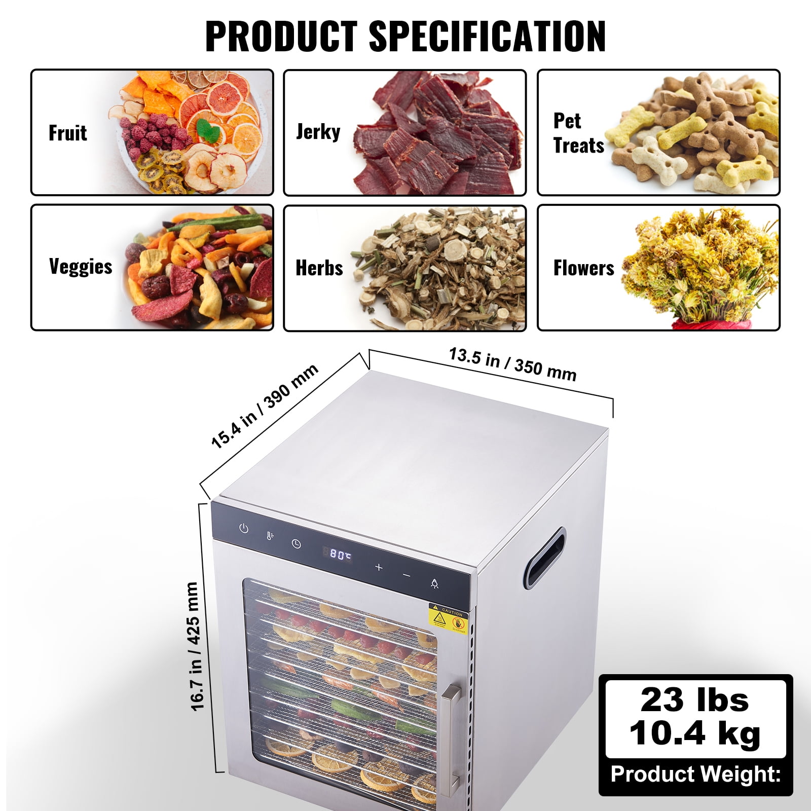 KFFKFF 10 Tray Food Dehydrator Machine, Made of Stainless Steel, 800W Power, Ideal for Drying Jerky and Fruits - Image 6