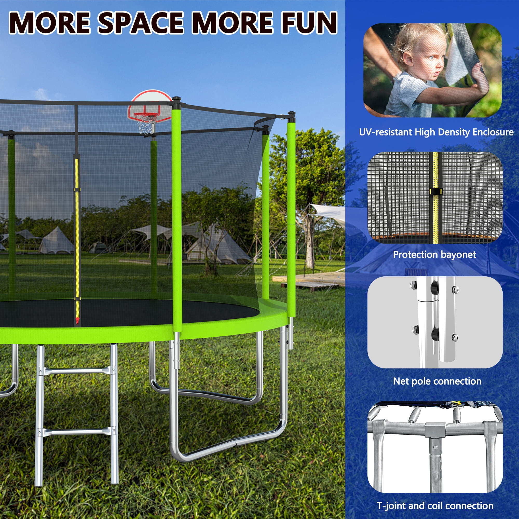 12FT Trampoline for Kids,Outdoor Trampoline with Basketball Hoop,Heavy-Duty Trampoline with Safety Enclosure Net,Green - Image 2