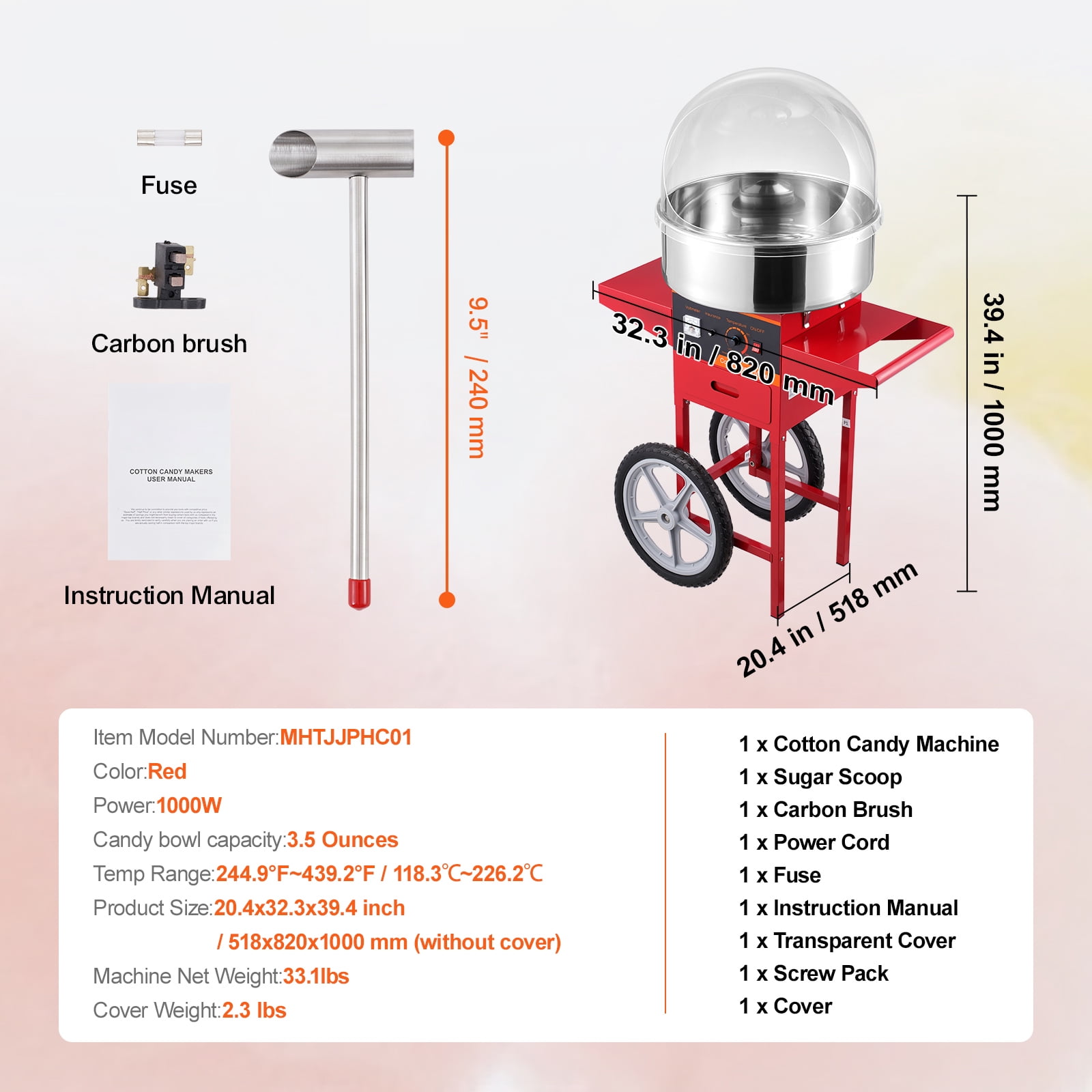 KFFKFF Electric Cotton Candy Maker on Wheels, 1000W Professional Sugar Floss Machine with Protective Lid, Metal Bowl, Sugar Spoon & Storage, Ideal for Domestic Use, Children's Birthdays - Image 7