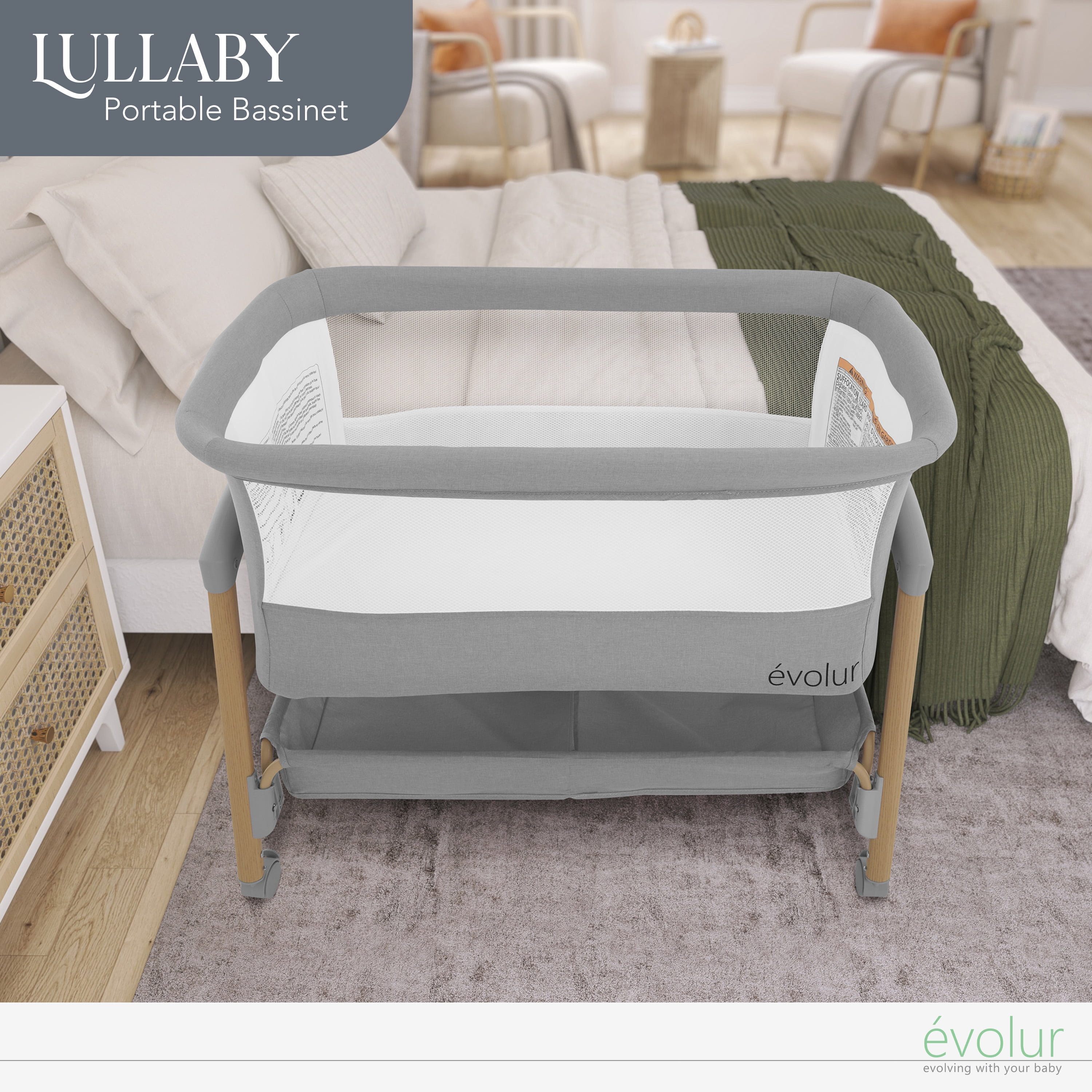 Evolur Lullaby Portable Bassinet With Wheels, Light Gray - Image 6