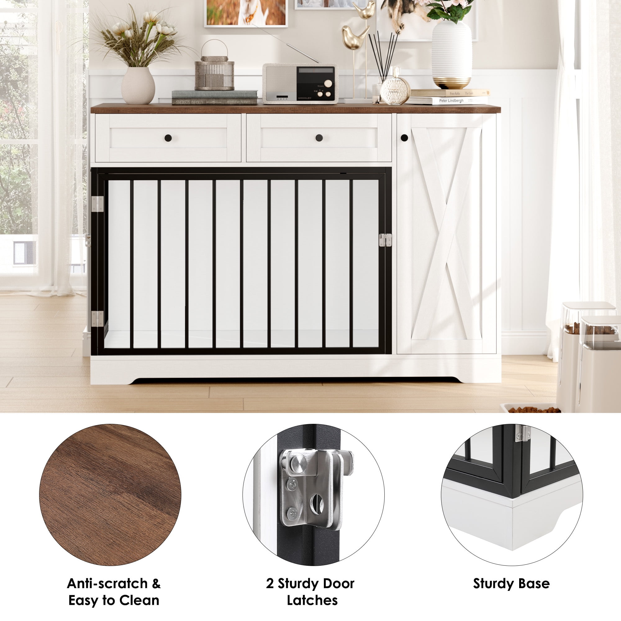 Homfa Dog Crate with Storage Cabinet and 2 Drawers, Indoor Furniture Style Wooden Large Dog Kennel, White - Image 2