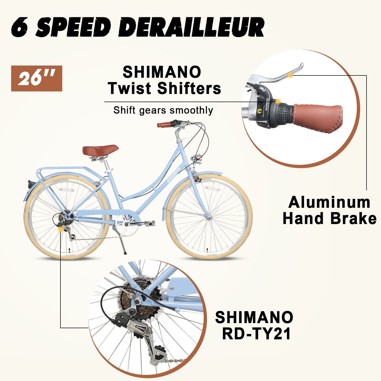 AVASTA Hybrid Bike for Women Female Lightweight Step Through 26 inch Hi-Ten Steel Frame City Commuter Comfort Lady Bicycle, 6-Speed, Color Blue with Beige Tires - Image 2