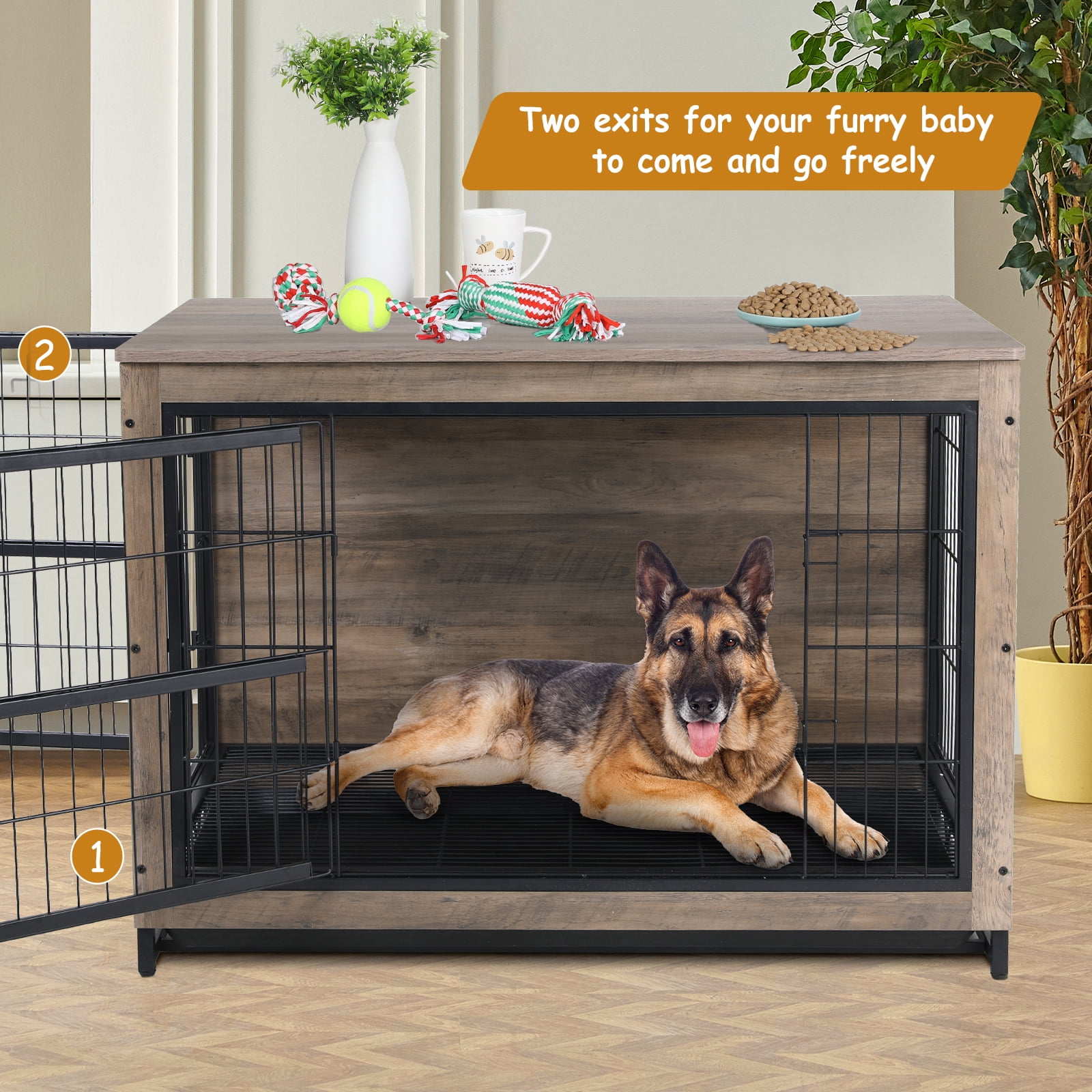 Arlopu 44.1'' Large Dog Crate Furniture, Wooden Dog Cage End Table Indoor Dog Kennel with Double Doors & Pull-Out Tray for Small, Medium, Large Dogs Under 80 lb - Image 4