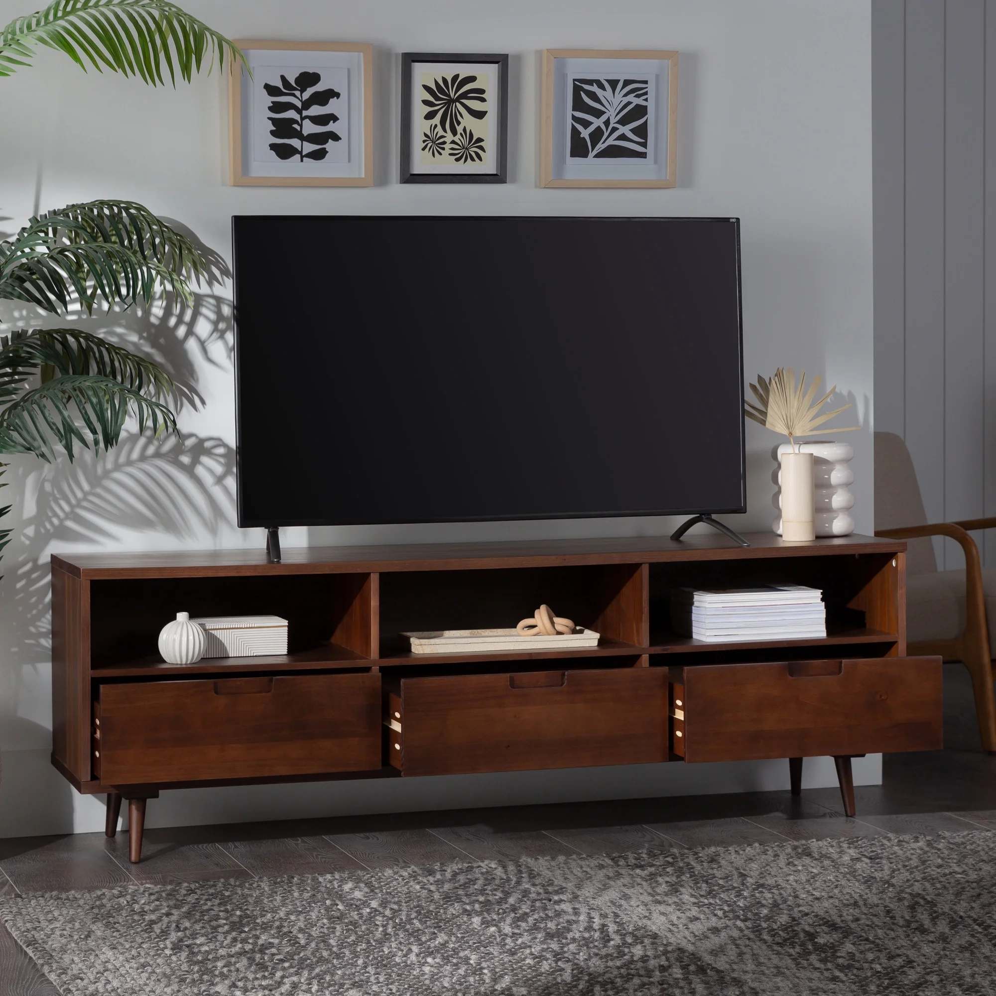 Walker Edison Modern Boho Wood 3 Drawer 70” TV Stand, Walnut - Image 16