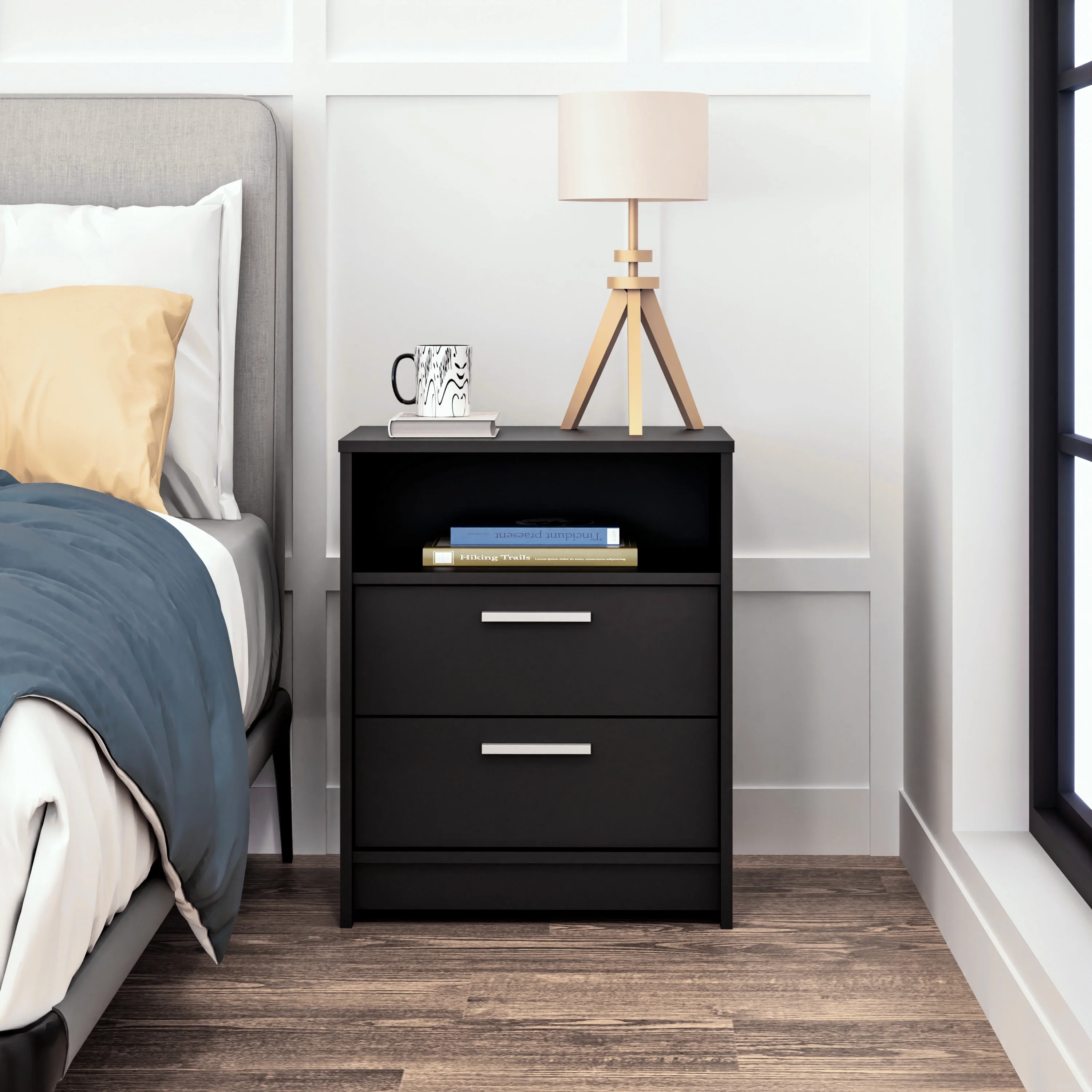 Prepac Studio Essentials Nightstand Bedside Table, Black Nightstand for Bedroom, End Table with 2 Drawers and Open Shelf 16" D X 21.25" W x 26.25" H, BDNR-2102-1 - Image 10
