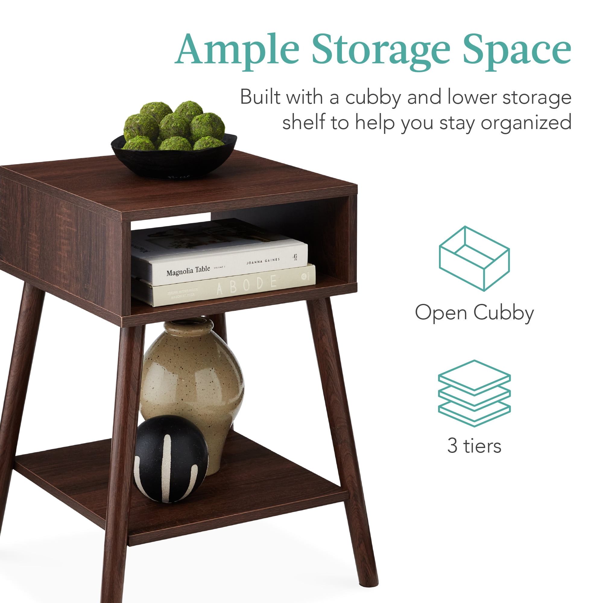 Best Choice Products Set of 2 Mid-Century Modern End Tables w/ Cubby Storage, Lower Shelf, Offset Legs - Walnut - Image 5
