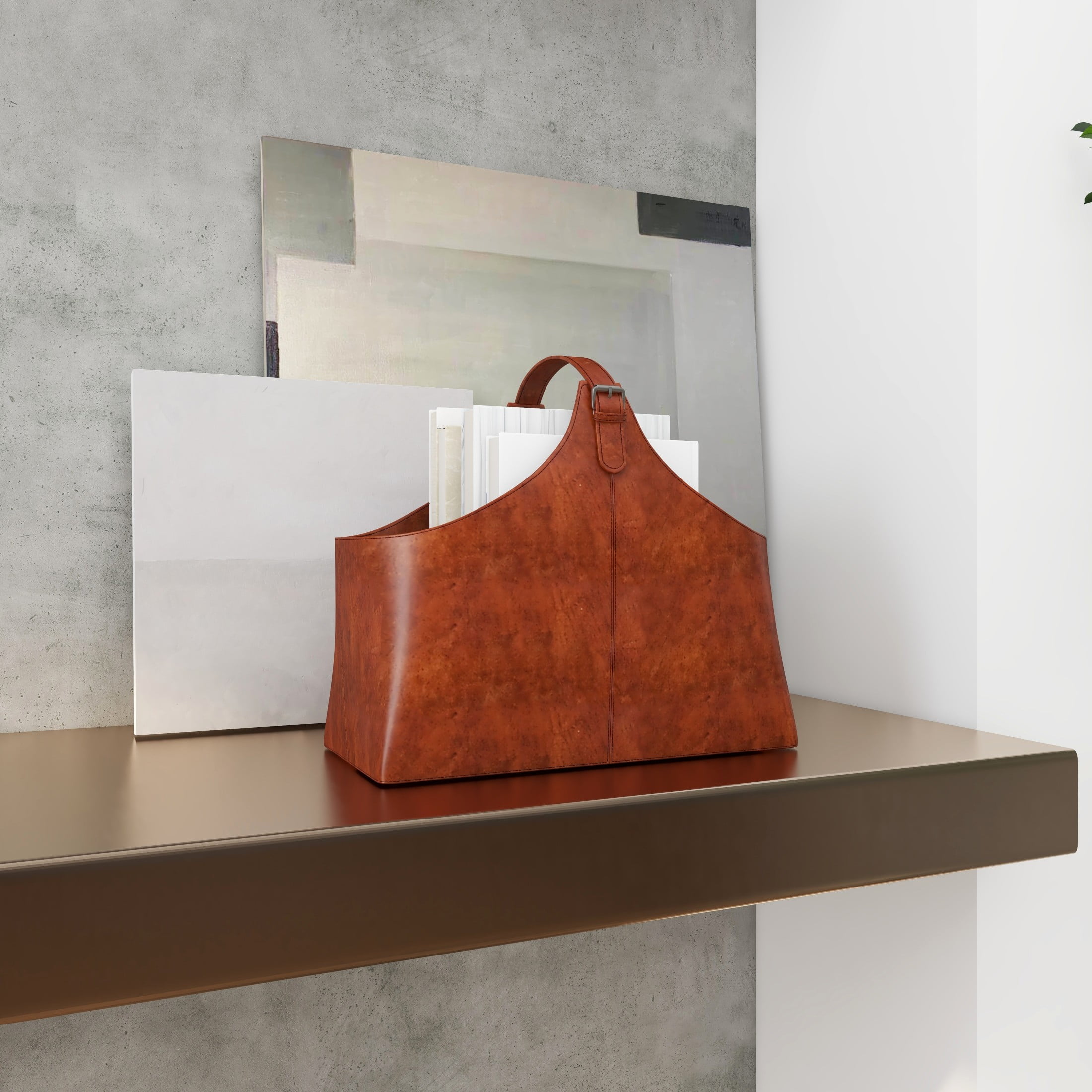 DecMode 15" Brown Leather Handmade Box Style Magazine Holder with Detail Stitching and Curved Buckle Handle - Image 10