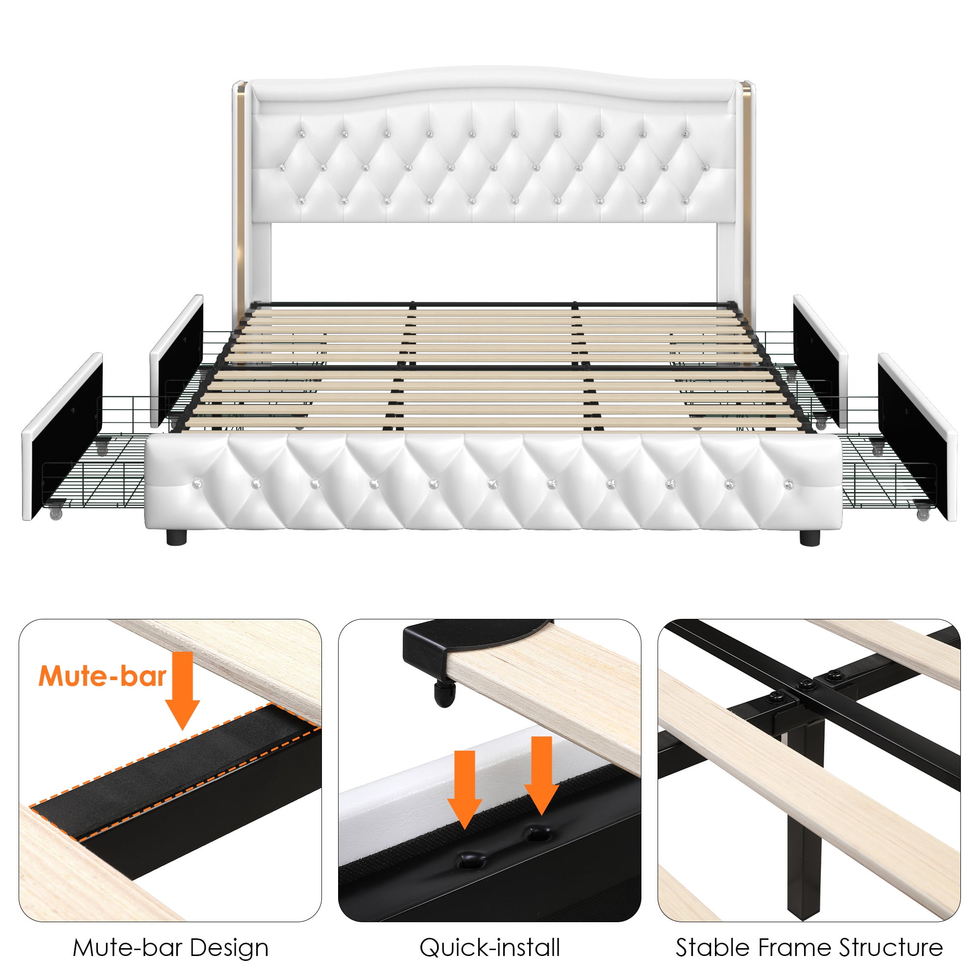 Homfa Full Size LED Bed Frame with 4 Storage Drawers, PU Leather Upholstered Platform Bed with Crystal Buttons Headboard, White - Image 5