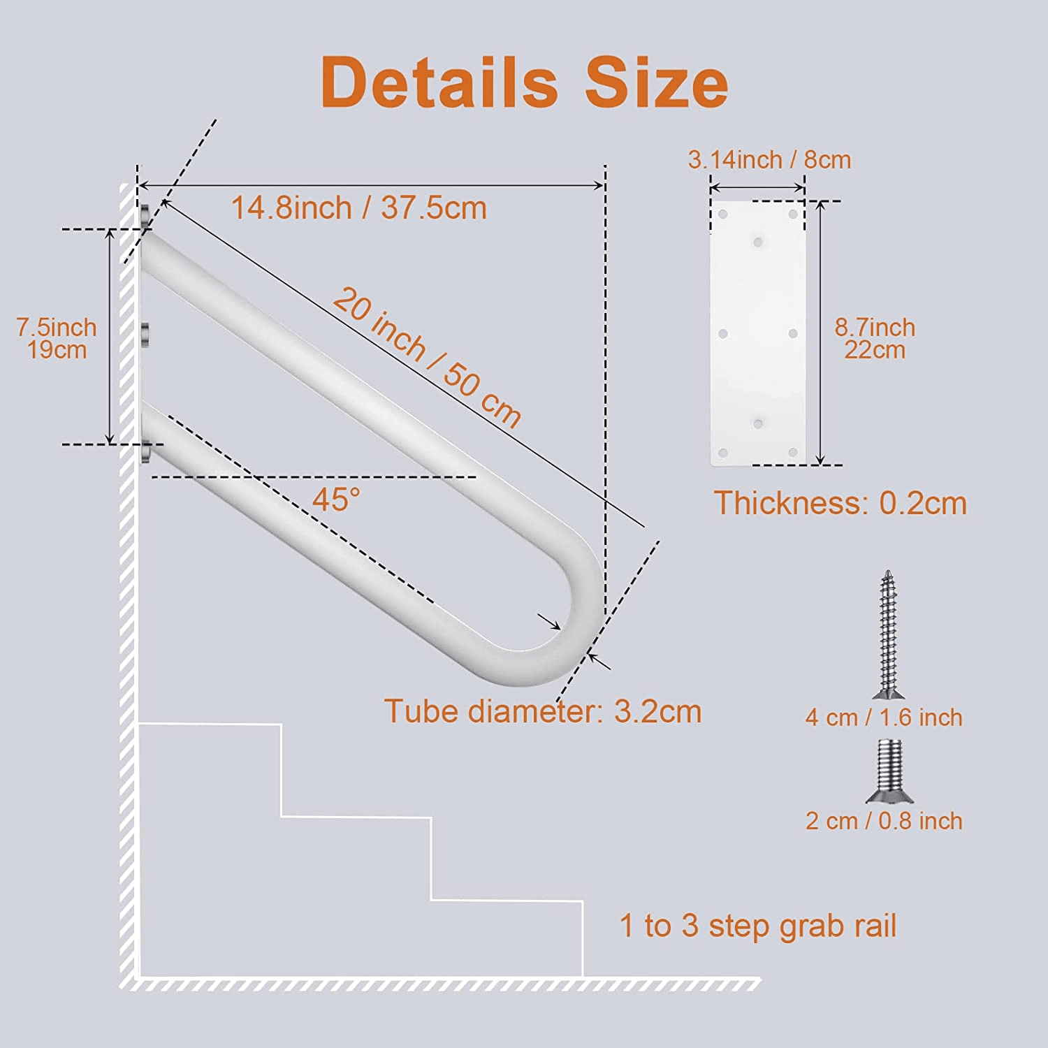 20 inch Stainless Steel Handrail for 1-3 Steps- 1.25" Tube, ZUEXT U Shaped Oil Rubbed White Safety Grab Bar for Stairs, Wall Mounted Hand Railing for Outdoor Garage Entry Interior Exterior Stairway - Image 2