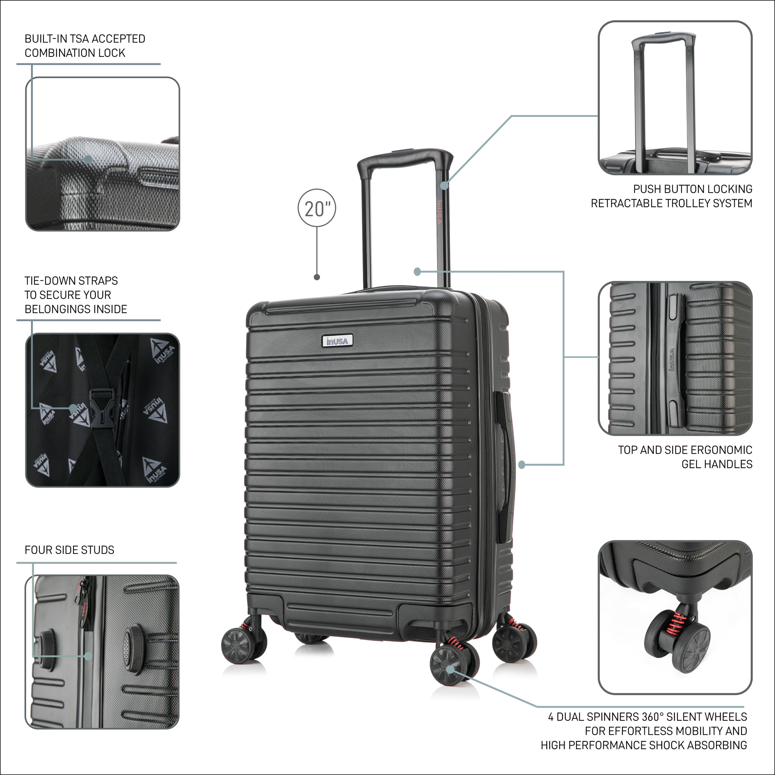 InUSA Deep 20" Hardside Lightweight Luggage with Spinner Wheels, Handle Studs, Trolley, Black - Image 4