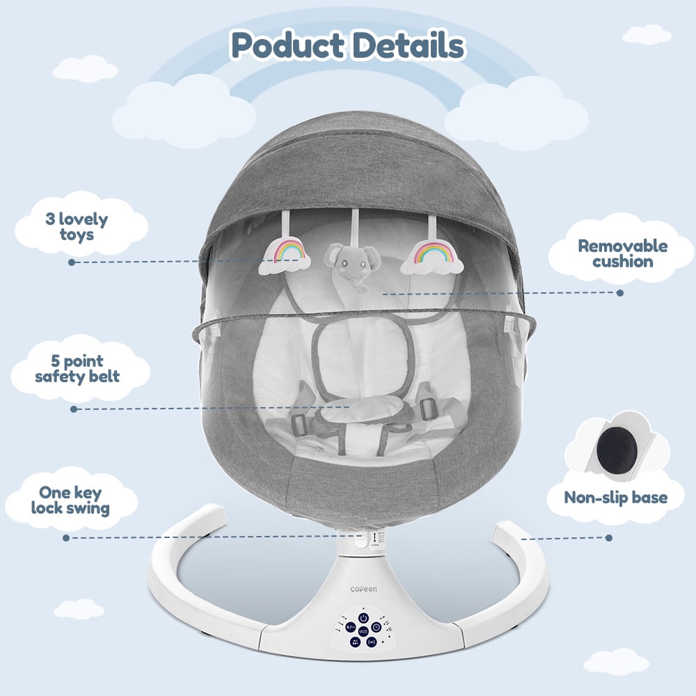 Baby Swing for Infants, Caveen Electric Bluetooth Baby Rocker, 5 Swing Speeds, 3 Seat Positions, Adapter & Battery Operated, Gray - Image 3