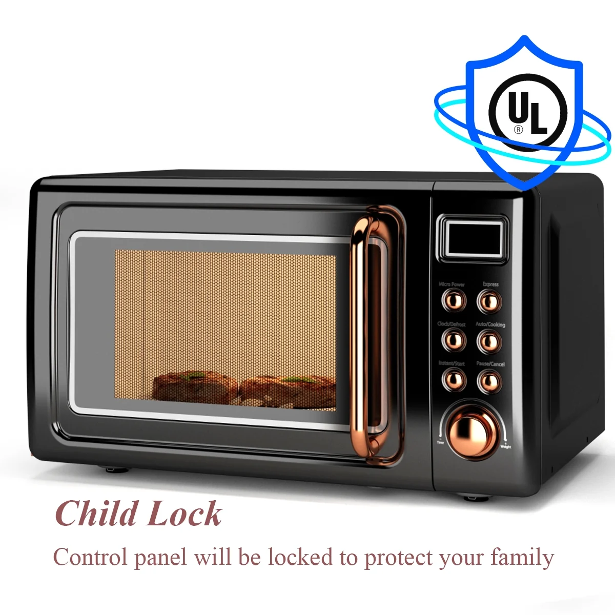 Costway 0.7 Cu.ft Retro Countertop Microwave Oven 700W LED Display Glass Turntable Rose Gold - Image 2