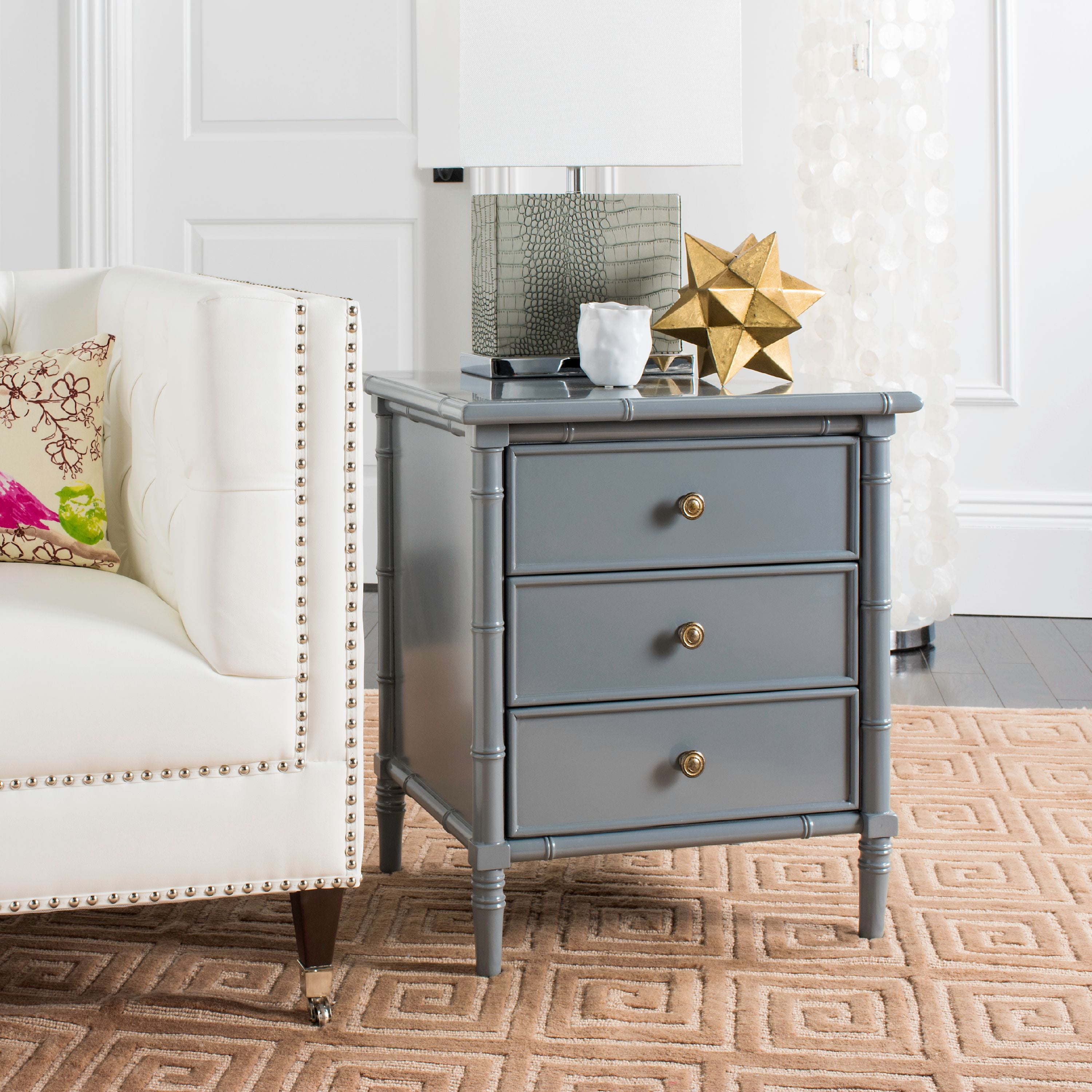 Safavieh Mina Modern Coastal 3-Drawer Grey Bamboo Nightstand - Image 2