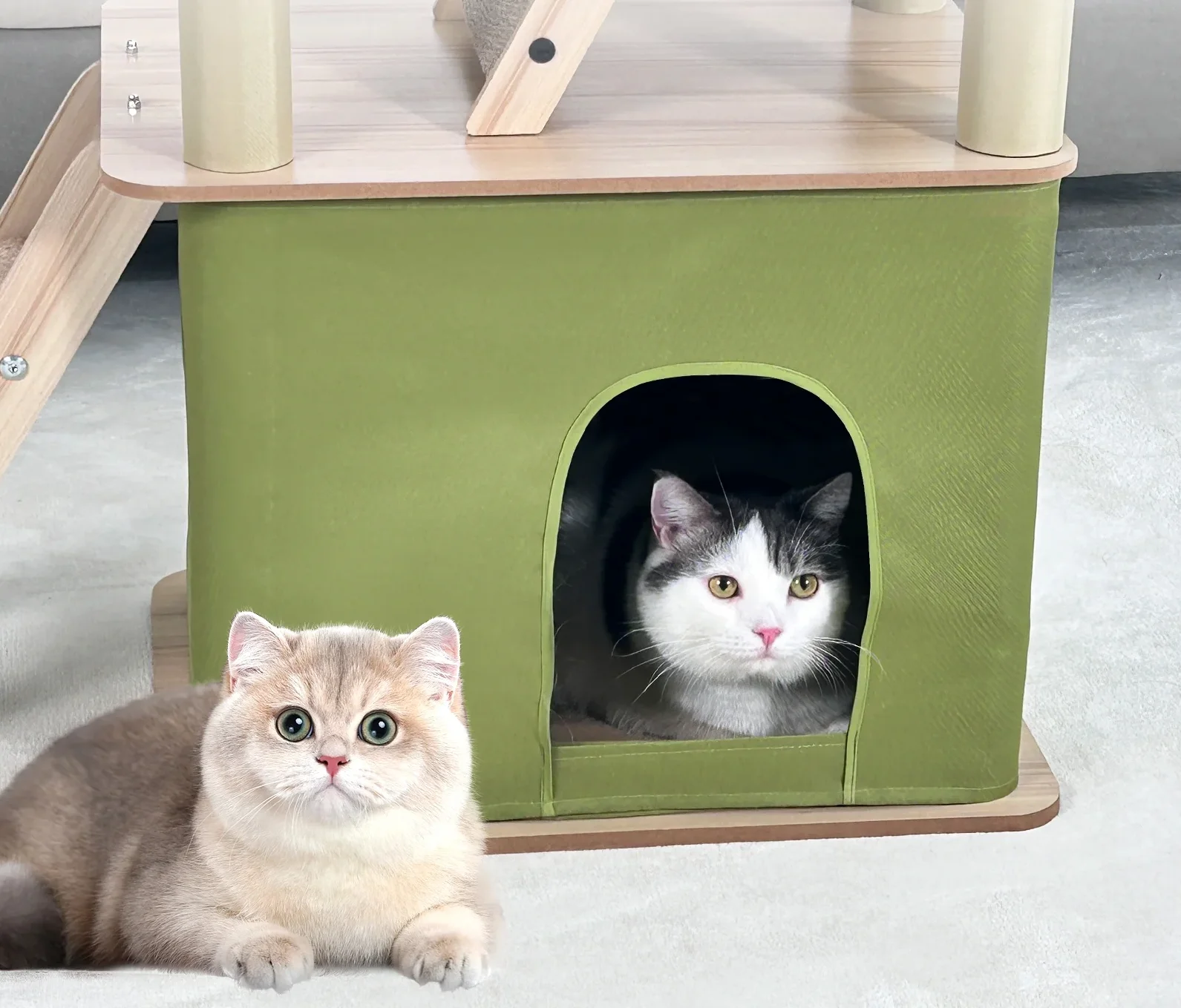 ZAQW Cat Tree for Large Cats Heavy duty, 55inch Tall Cat Tower Condo Multi-Level with Scratching Post, Hammocks, Perch,Washable Cushions, Litter Box Enclosure for Indoor Cats,Green - Image 2