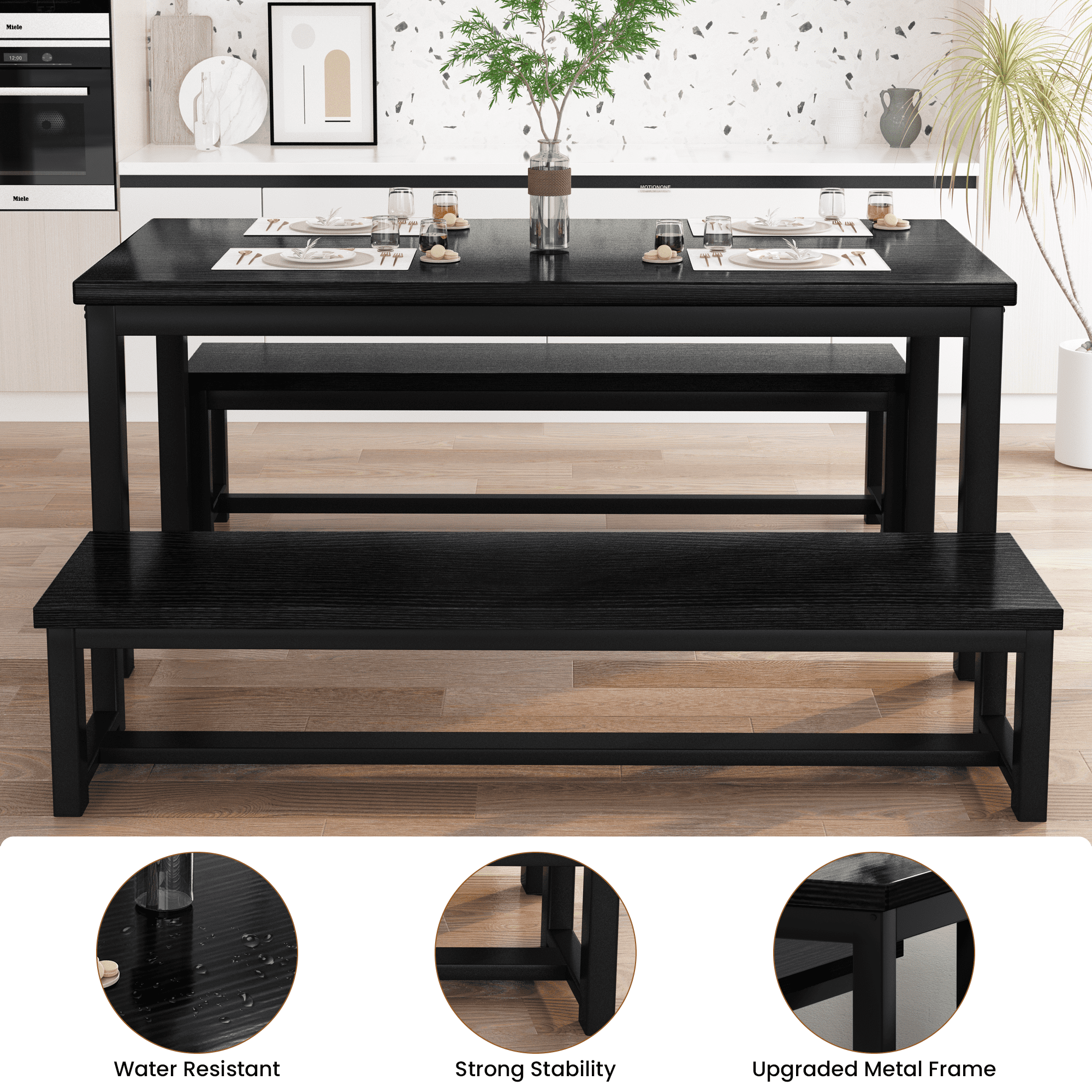 LTTROMAT Dining Table Set for 4, Kitchen Table Set with 2 Benches, Breakfast Nook Set for Small Spaces, 3 Piece Farmhouse Dining Room Table Set, Black - Image 8