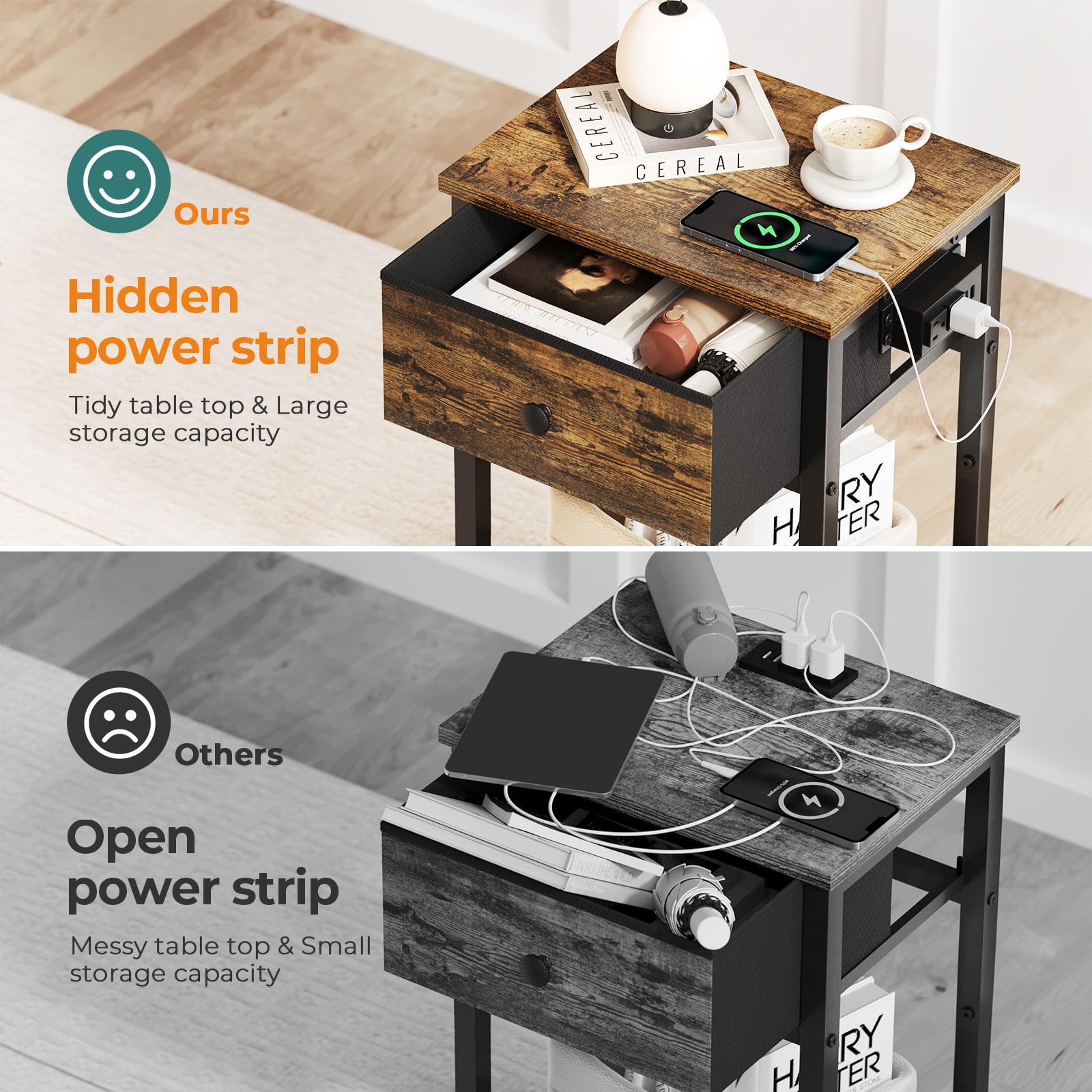 Yoobure Nightstand with Charging Station, Side Table with Large Drawer and Storage Shelf, Rustic Bedside Tables with USB Ports & Outlets for Bedroom,Living Room - Image 4