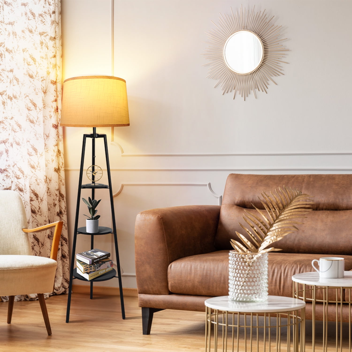 OUTON Tripod Floor Lamp with Shelves, Modern Standing Lamp with Linen Lampshade for Living Room, Bedroom, Office ,3 Color Temperature Bulb Stepless Dimming(Metal Black) - Image 6