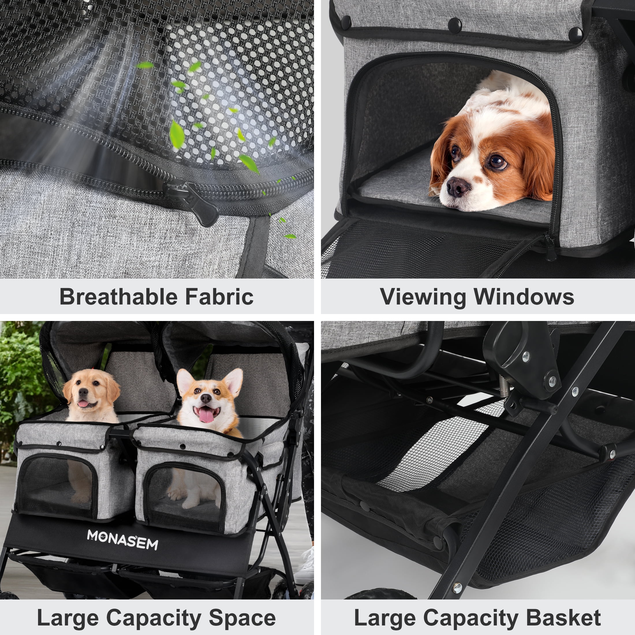 Monasem Double Pet Stroller for 2 Dogs Cats with Waterproof Detachable Cat Travel Carrier, 4 Wheels Foldable Dog Stroller for Pets up to 60lbs - Image 3