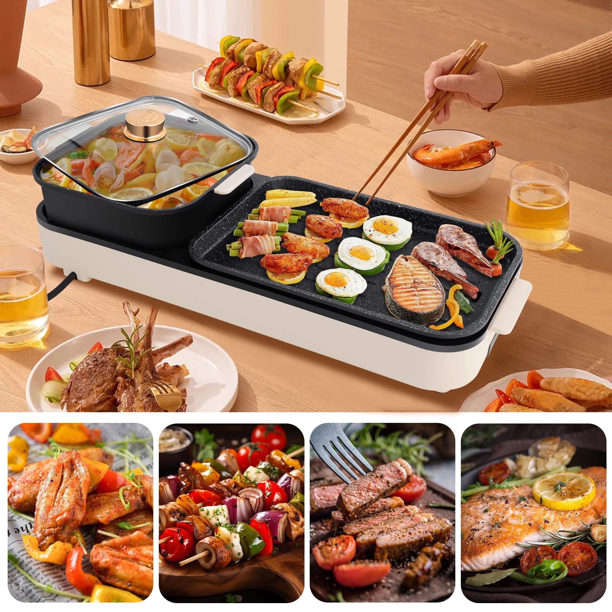 SUSTEAS 2-in-1 Electric Hot Pot with Grill: 1500W Non-Stick Removable Plate, Temperature Control for Indoor Grill for Korean BBQ, Beige - Image 2