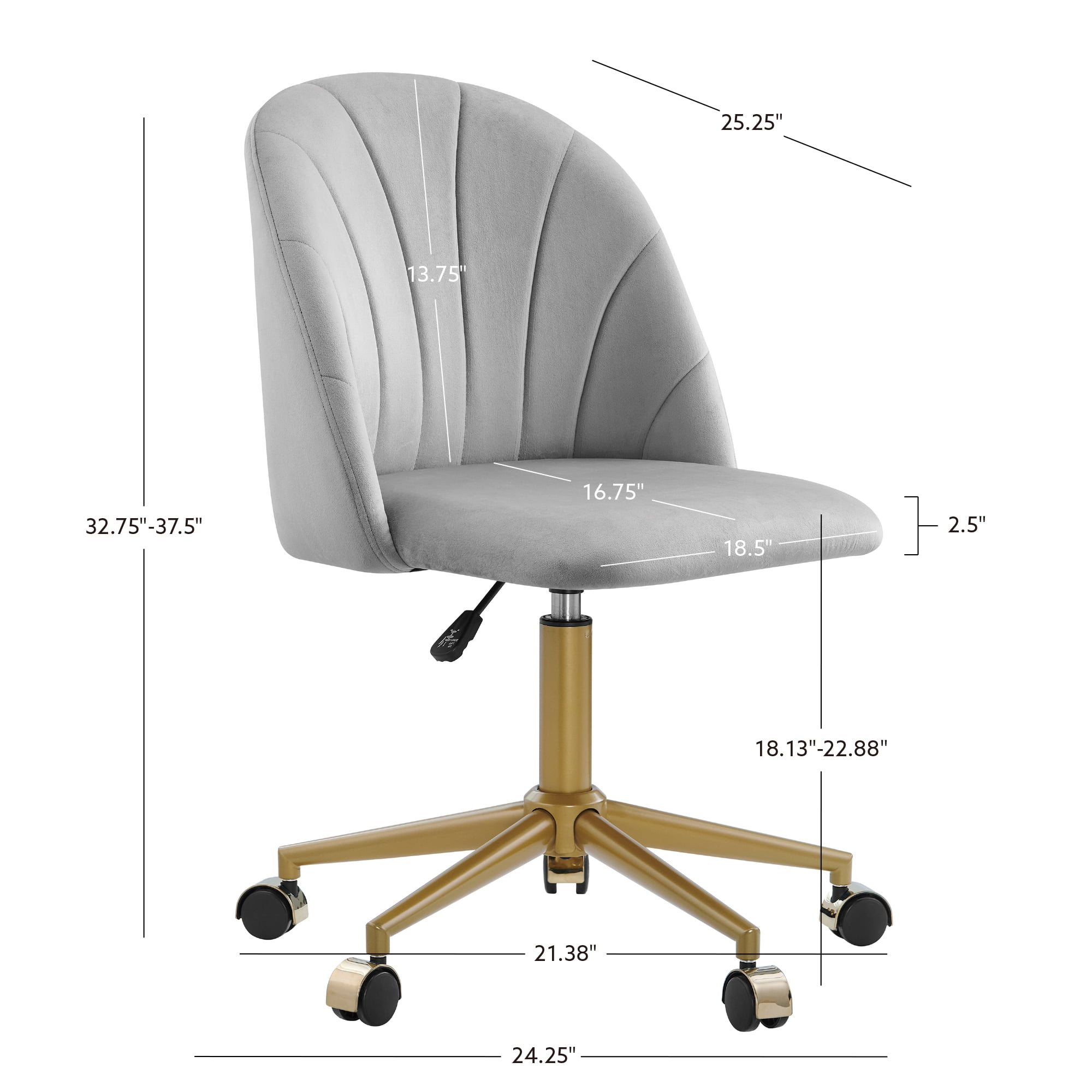 Linon Alondra Mid Back Velvet Office Chair with Adjustable Height and Swivel, Gold/Gray - Image 9