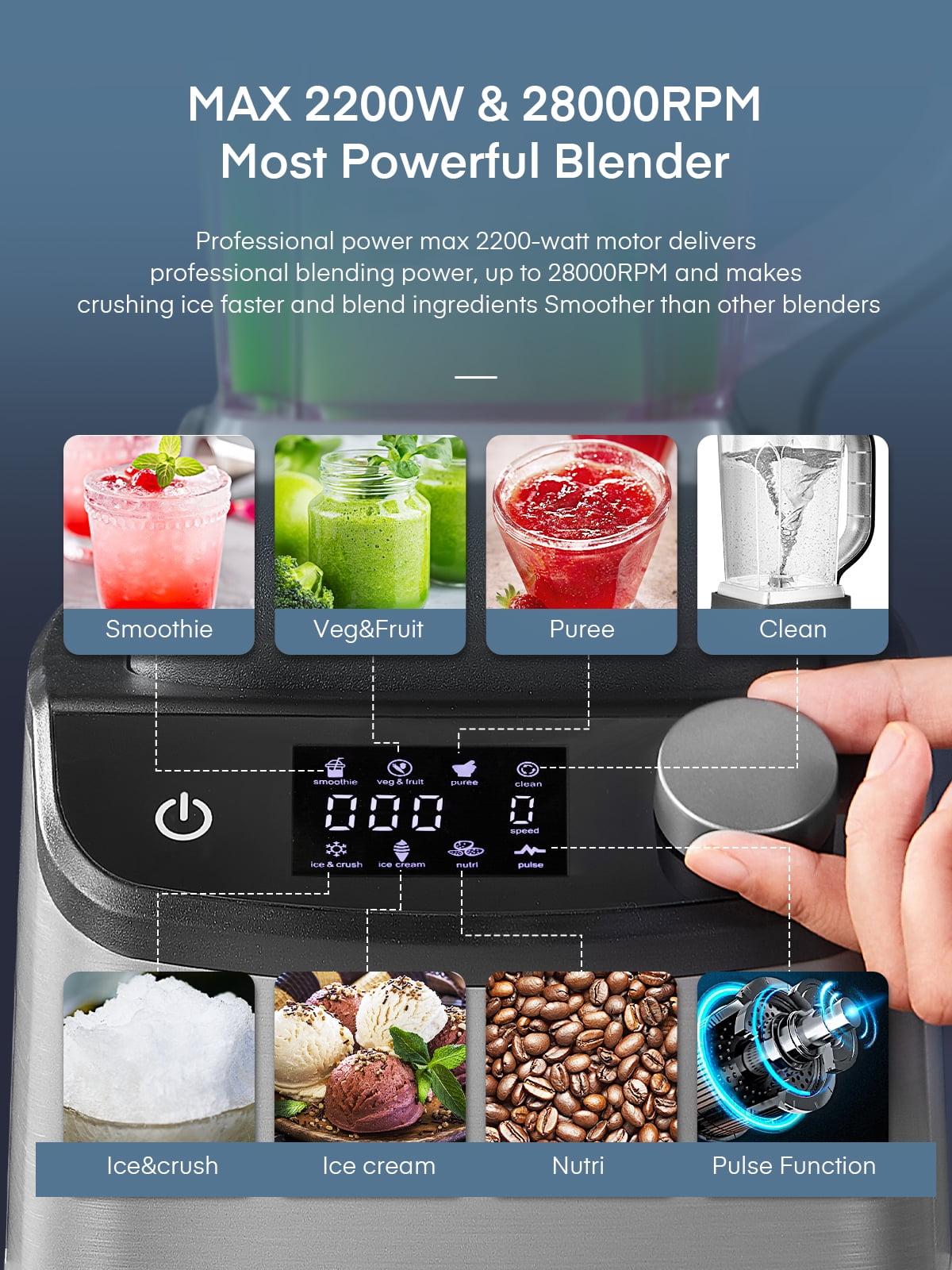 Professional Countertop Blenders for Kitchen, 1200W(Max 2200W) High Power Crushing Ice, Veggies, Shakes, 60 oz - Image 4