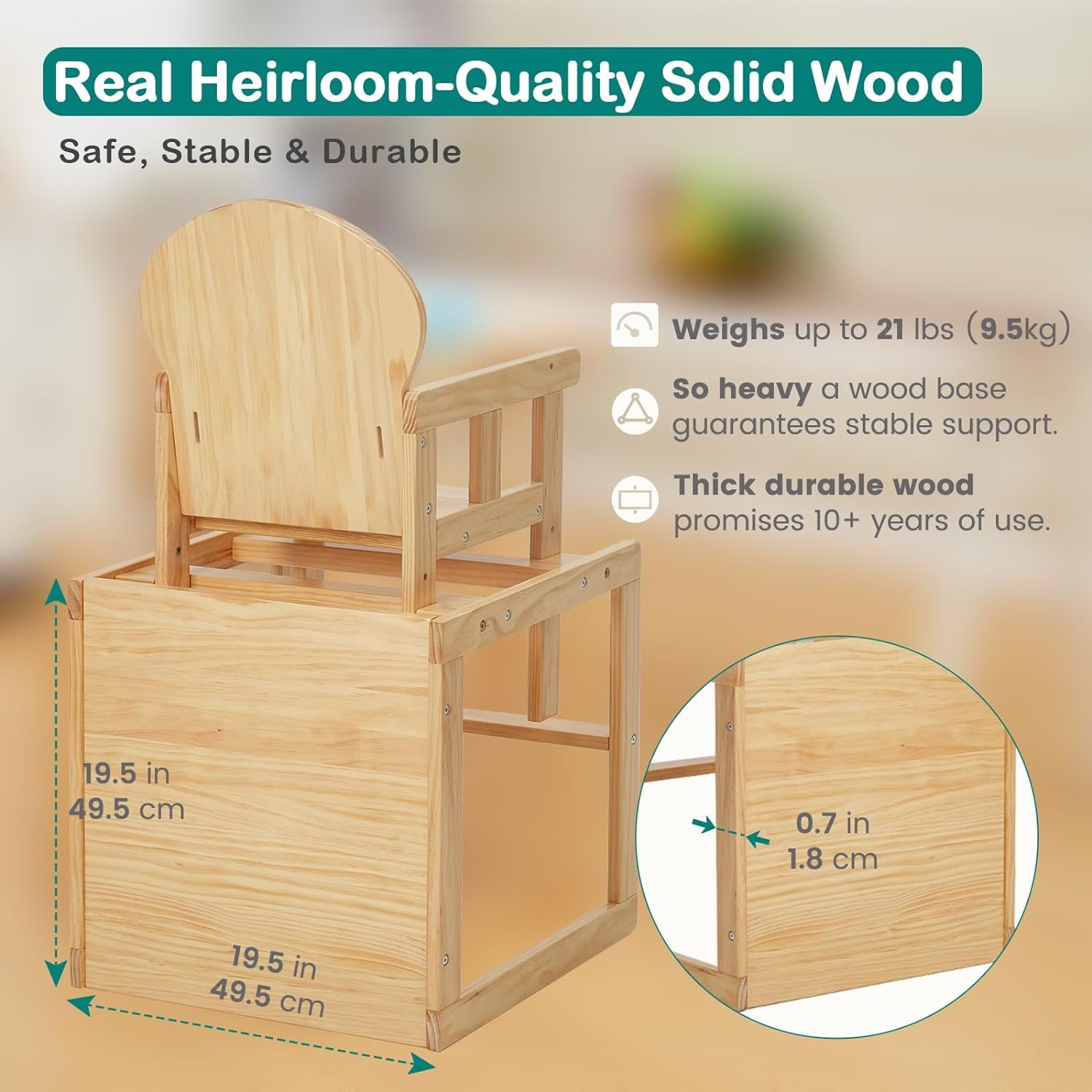 FUNLIO Wooden High Chair, 2-in-1 Convertible HighChair for Toddlers 0.5-6 Years, Height Adjustable for Babies,Premium Solid Wood with Detachable Tray/Cushion/Safety Belt, CPC Approved - Image 6