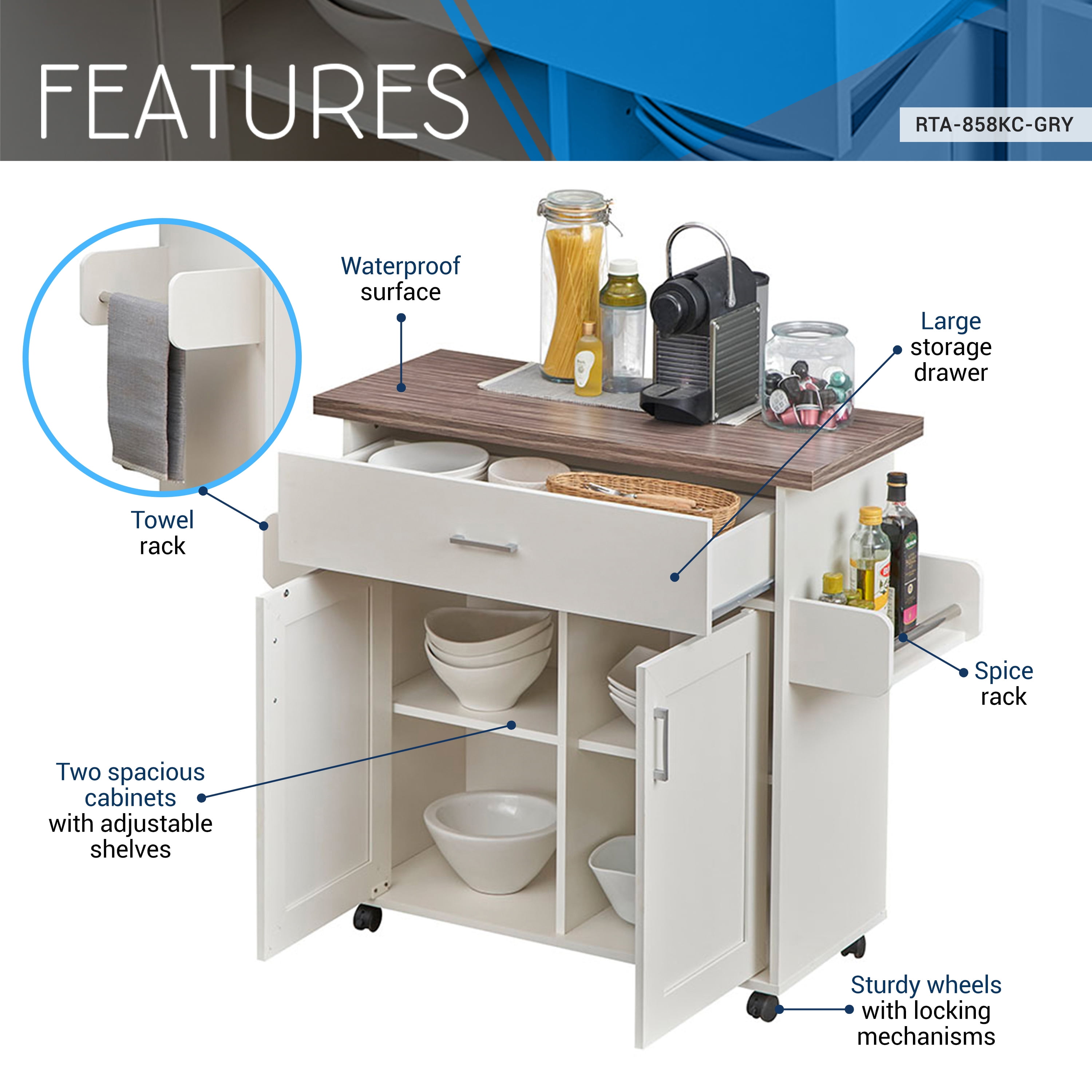 Techni Home Deluxe Mobile Kitchen Cart with Water-resistant Top and Adjustable Storage Cabinets RTA-858KC-GRY - Image 9