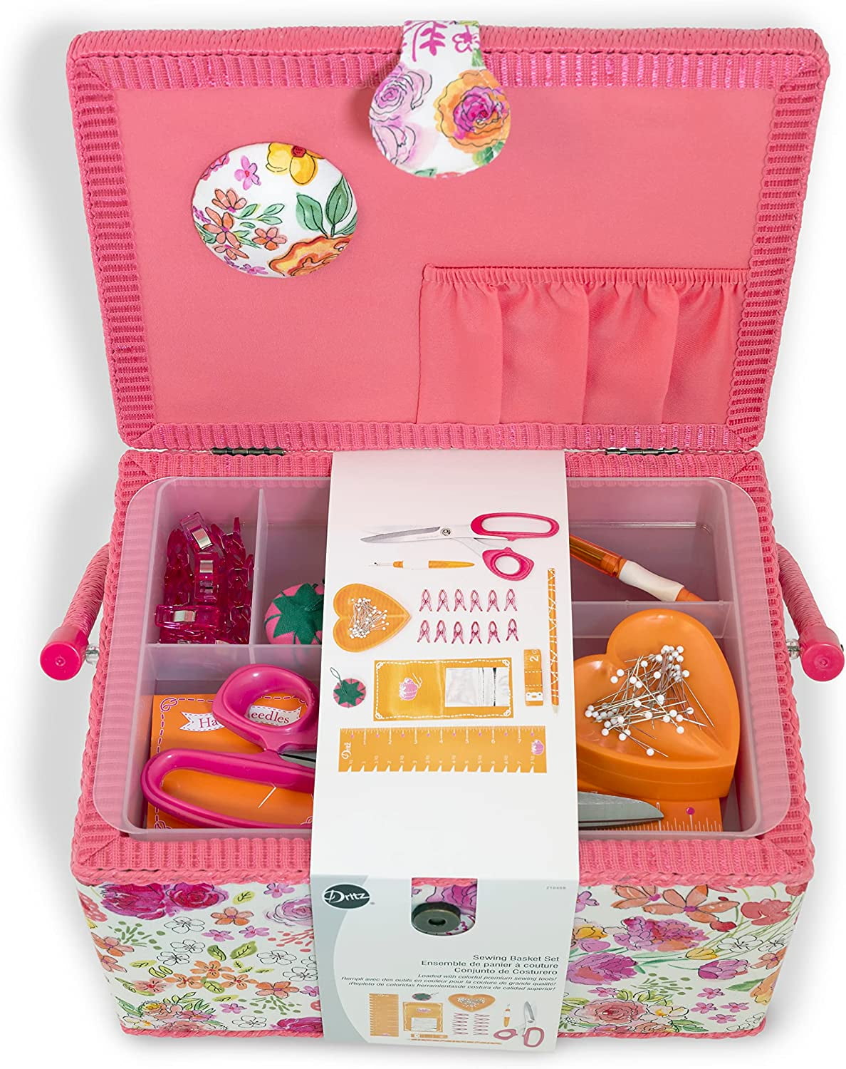 Dritz Large Sewing Basket Kit, Pink & Orange - Image 2