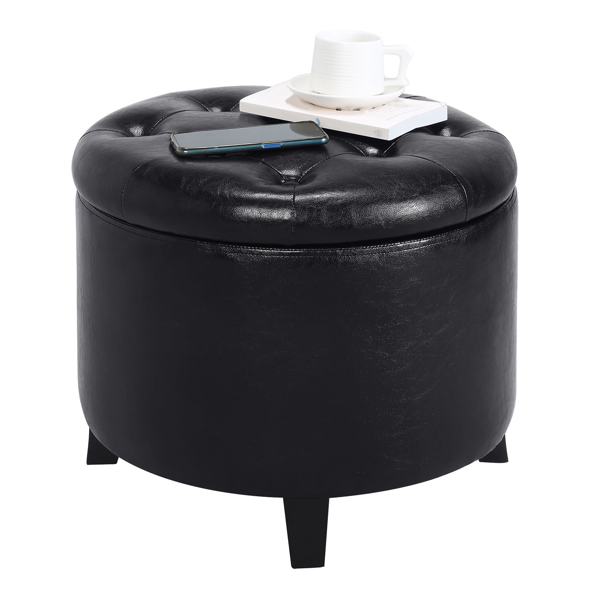 Convenience Concepts Designs4Comfort Round Storage Ottoman, Black Faux Leather - Image 5