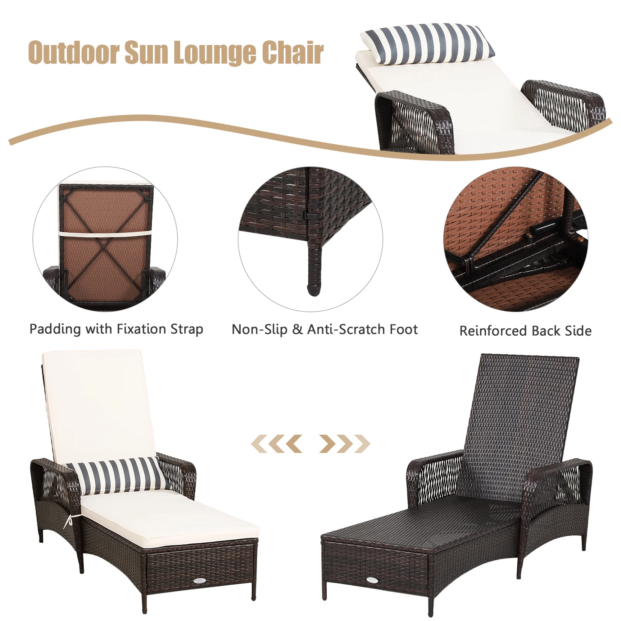 Gymax Rattan Patio Lounge Chair Chaise w/ Adjustable Backrest Cushion & Pillow - Image 8