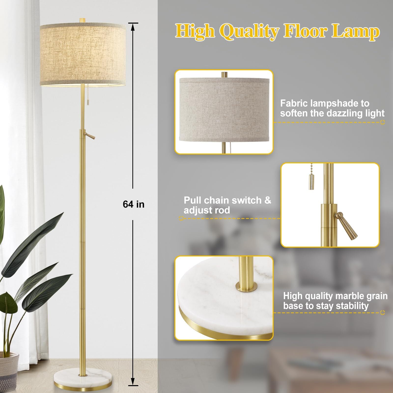 NATYSWAN Modern Floor Lamp for Living Room, Adjustable Height Standing Lamp with Marble Base Tall Lamp with Pull Chain Switch Floor Lamps for Living Room, Bedroom & Office Bulbs Not Included (Gold) - Image 4