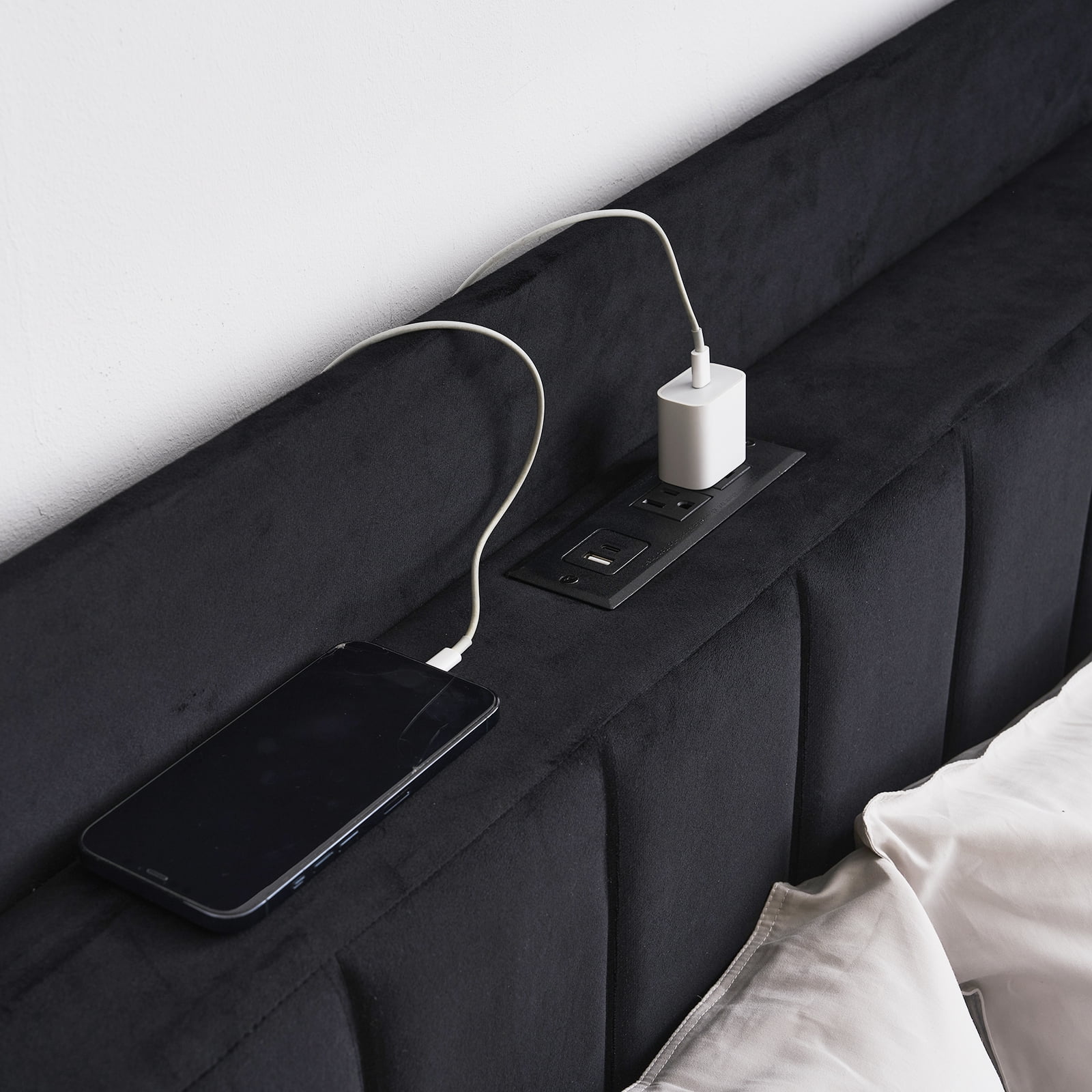 Ktaxon Full Platform Bed Frame with USB Charging, Upholstered Bed, Wingback Headboard/No Box Spring Required/Wood Slat Support/Easy Assembly/Black - Image 9