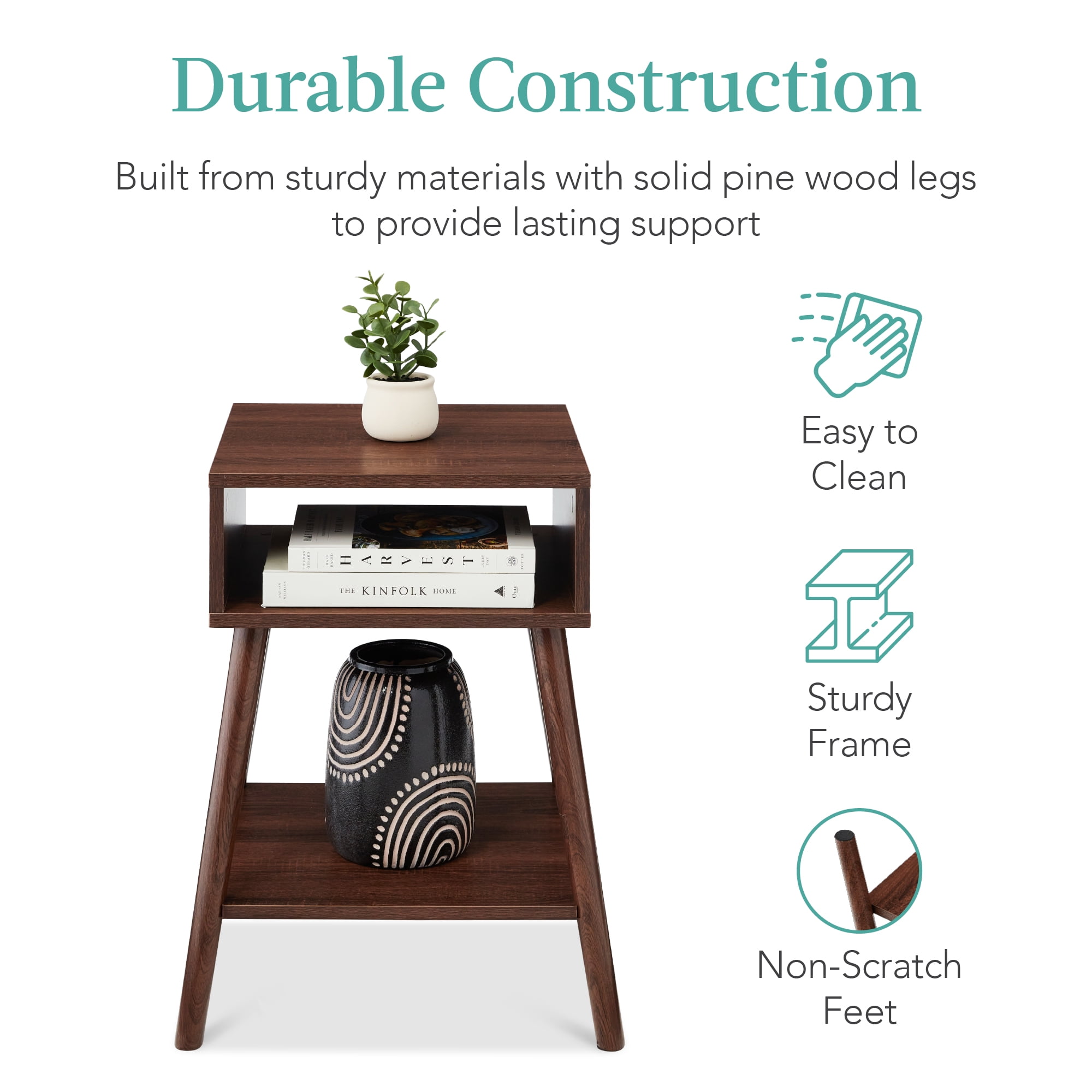 Best Choice Products Set of 2 Mid-Century Modern End Tables w/ Cubby Storage, Lower Shelf, Offset Legs - Walnut - Image 6