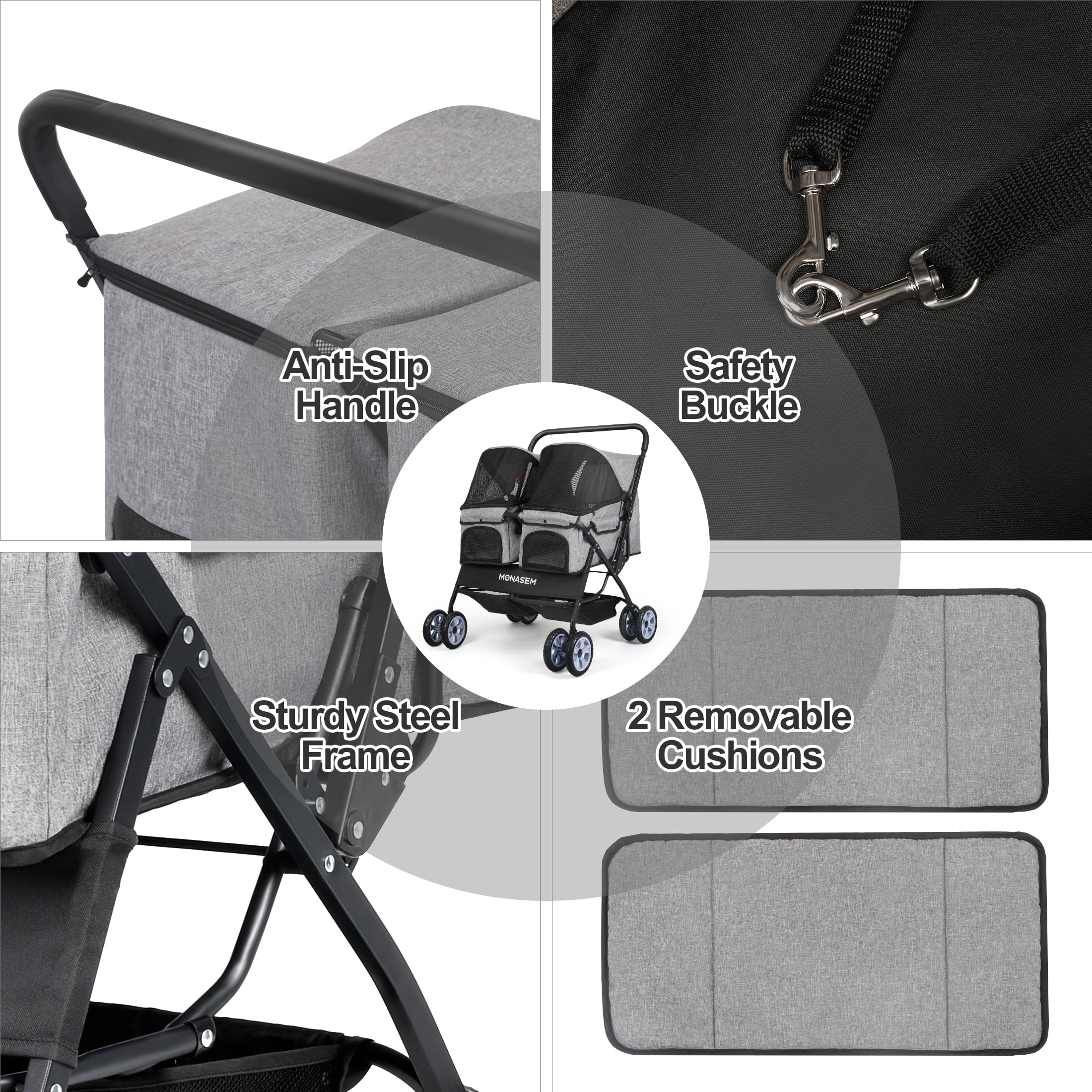 Monasem Double Pet Stroller for 2 Dogs Cats with Waterproof Detachable Cat Travel Carrier, 4 Wheels Foldable Dog Stroller for Pets up to 60lbs - Image 4