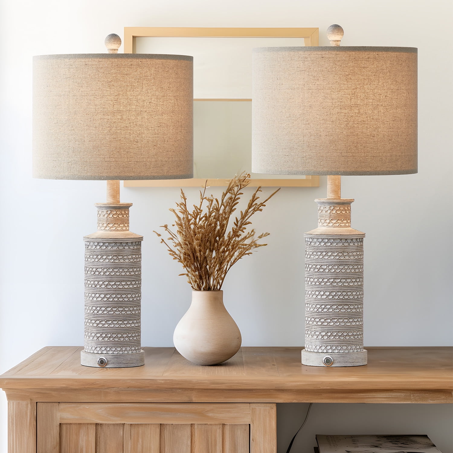 Oneach 3 Way Dimmable Table Lamp Set of 2 with USB Ports for Bedroom Living Room 24.5" Vintage Rustic Farmhouse Touch Control Nightstand Bedside Lamps Resin (Bulbs) - Image 10