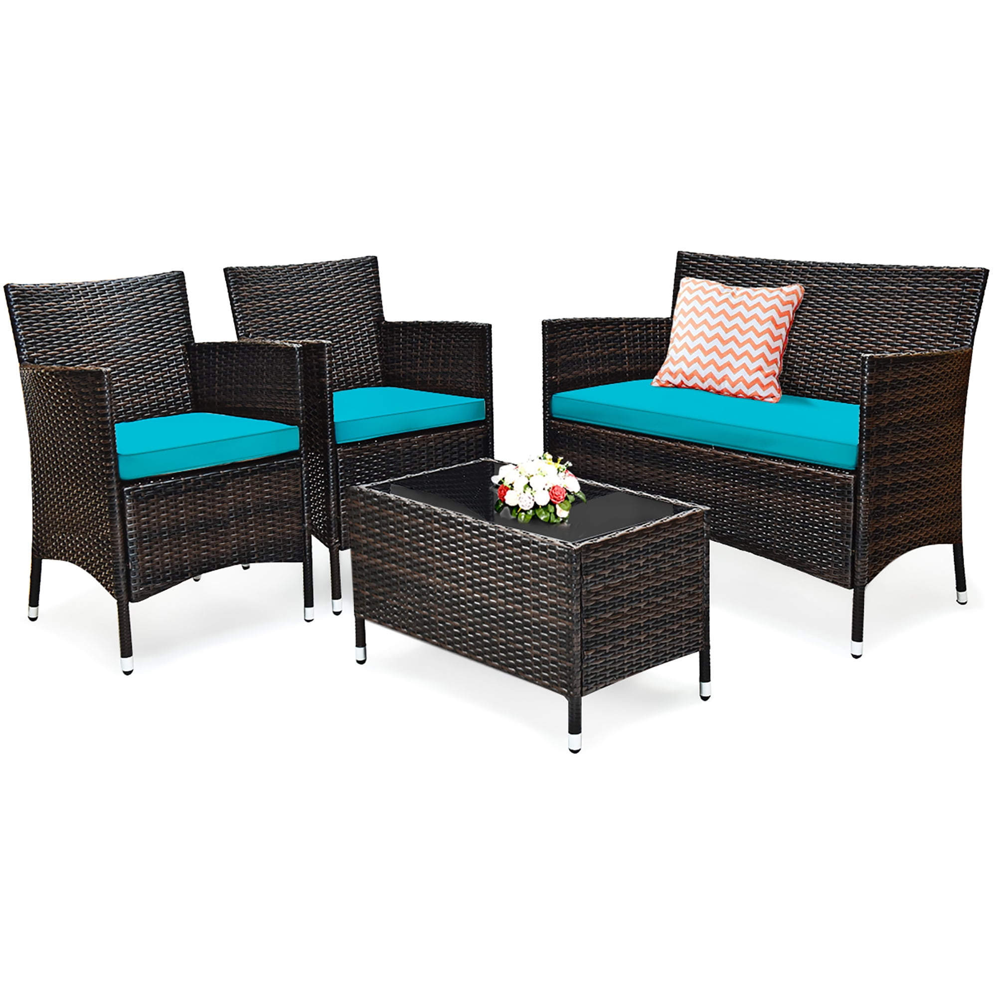 Costway 4PCS Outdoor Patio PE Rattan Wicker Table Shelf Sofa Furniture Set With Turquoise Cushion - Image 7