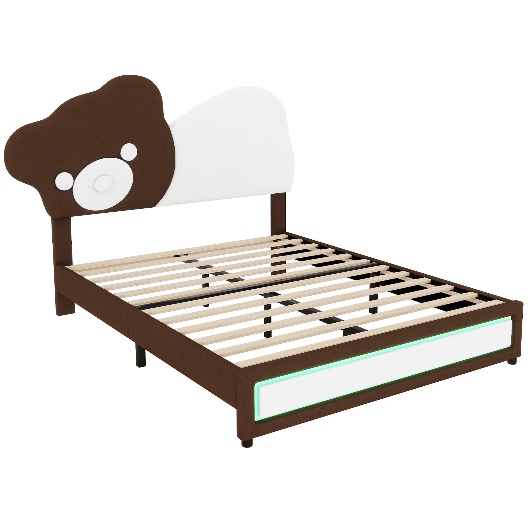 Euroco Upholstered Full Size Platform Bed Frame, Cartoon Bear-Shaped Bed with LED Light for Kids, White - Image 2