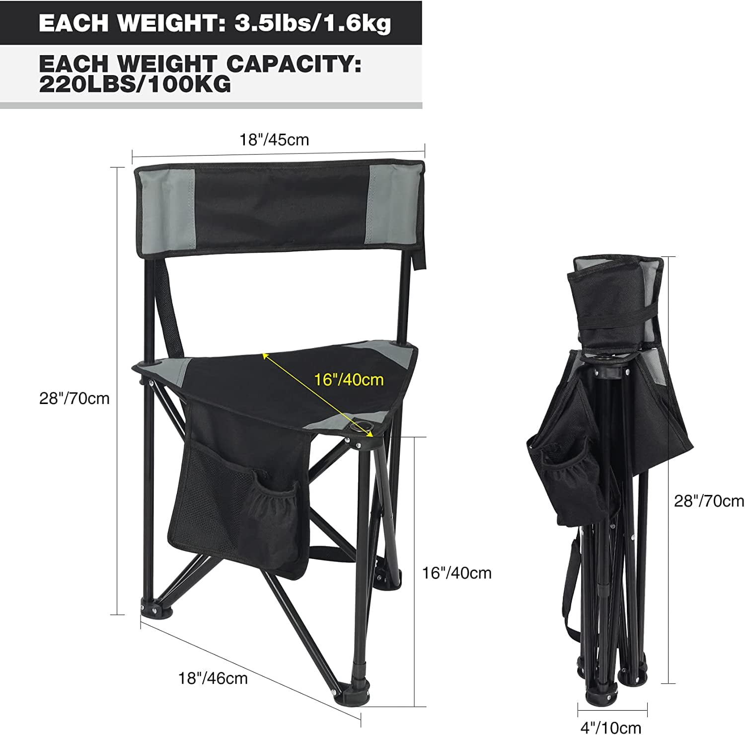 REDCAMP 2-Pack Tripod Chairs Folding, Lightweight Portable Tripod Seat Stool with Back, Small Camping Chairs for Adults Outdoor Backpacking, Black - Image 9