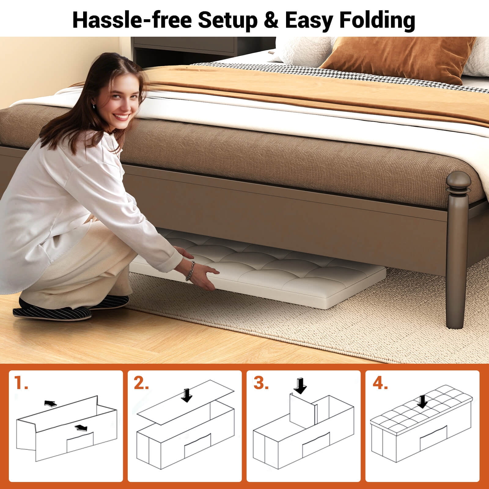 Costway 43 Inches Folding Storage Ottoman Bench Foot Rest Stool with Side Pocket White - Image 5
