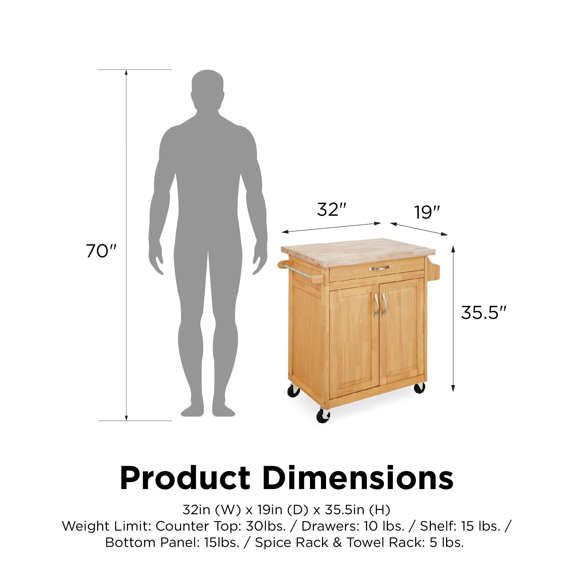 Mainstays Kitchen Island Cart with Drawer, Spice Rack, Towel Bar, Butcher Block Top, Natural - Image 7