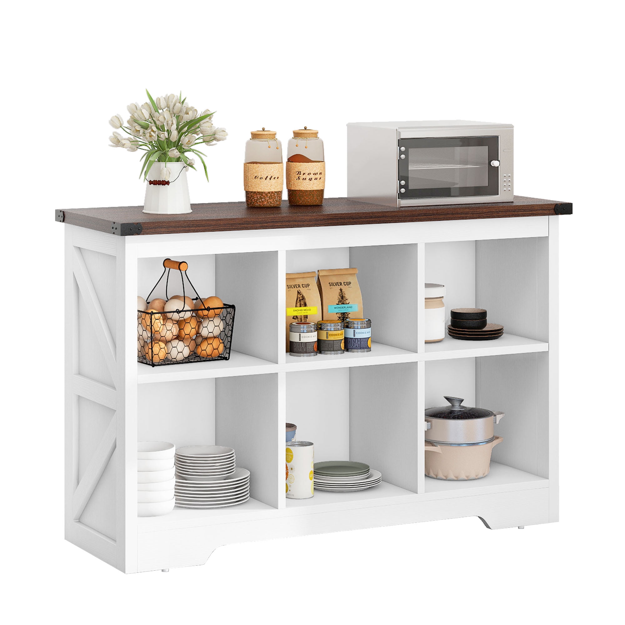 Uforic 6 Cube Organizer Bookcase, Farmhouse Cubby Bookshelf , Horizontal Open Shelf for Living Room, Bedroom, Home Office, White - Image 2