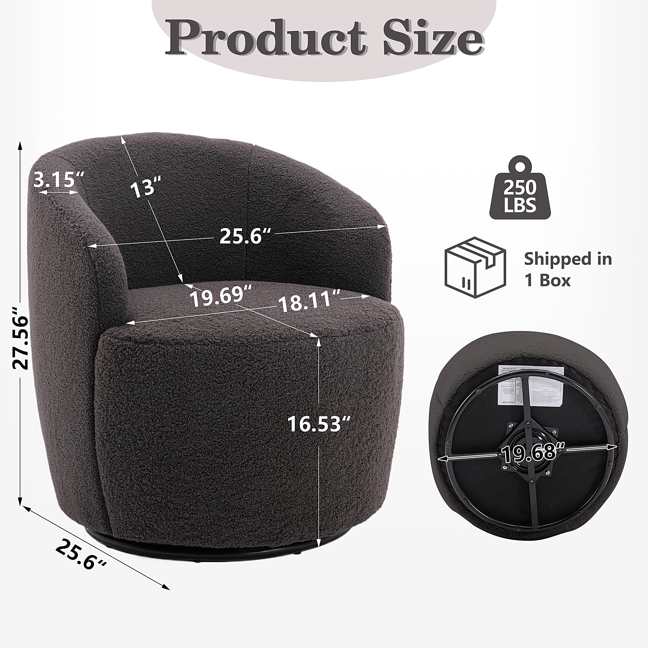 PORKISS Swivel Accent Chair, Armchair with Teddy Fabric, Barrel Chair with Black Powder Coating Metal Ring for Living Room, Bedroom, Dark Gray - Image 8