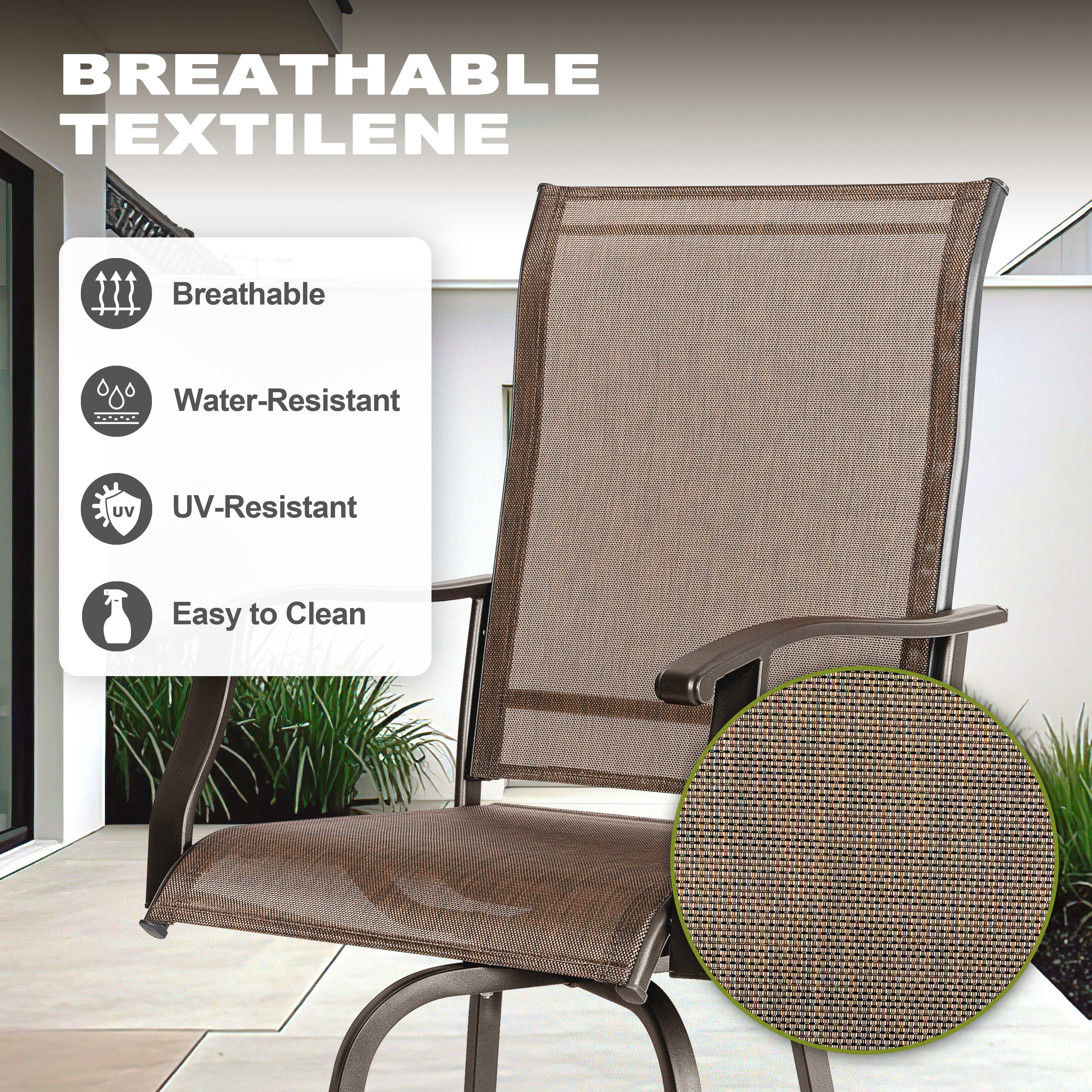 Nuu Garden Outdoor Patio Swivel Bar Stool Set, 2 Piece Seating Iron Bar Height Outdoor High Chairs with Armrests and Footrest, All-Weather Textilene, Brown - Image 9