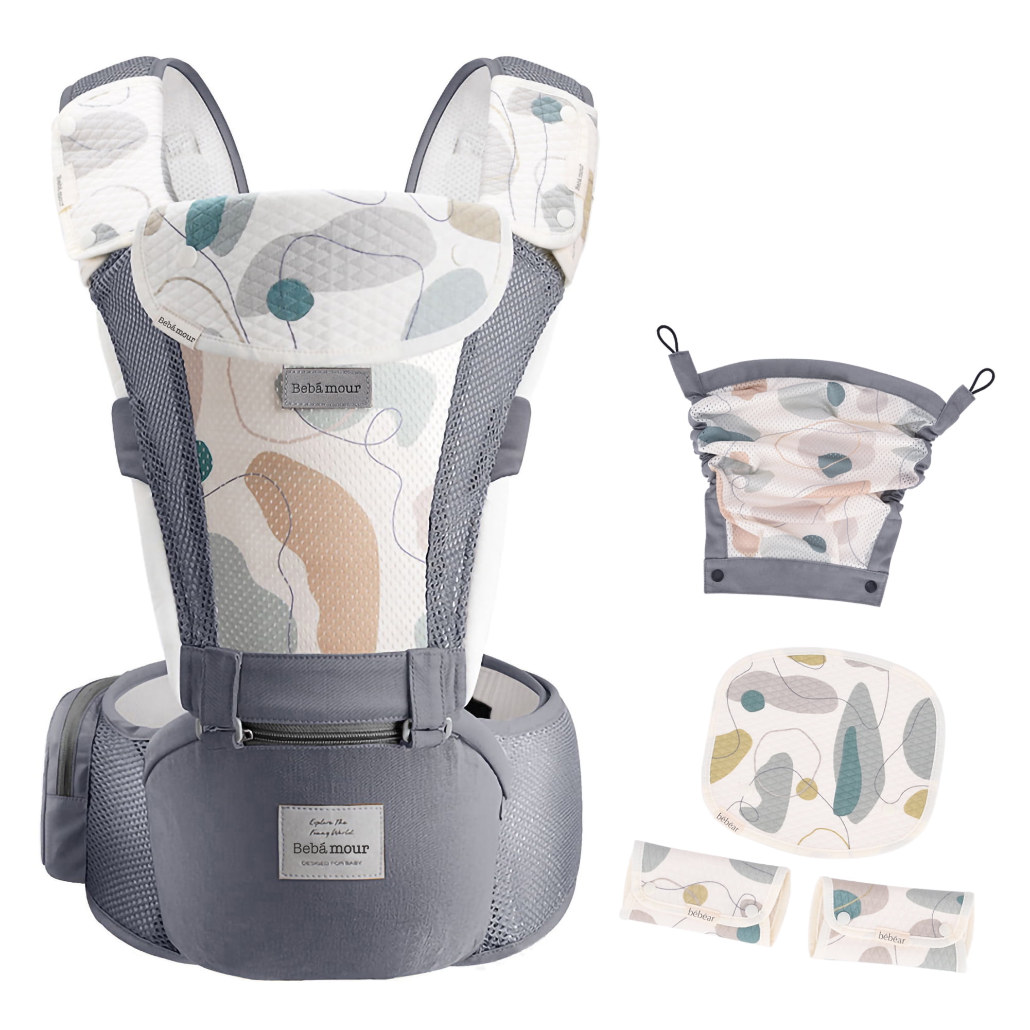 Bebamour Baby Carrier Newborn Front and Back Carry Baby Carrier Newborn to Toddler Baby Hip Carrier with Head Hood & 3 Pieces Teething Pads (Grey) - Image 5