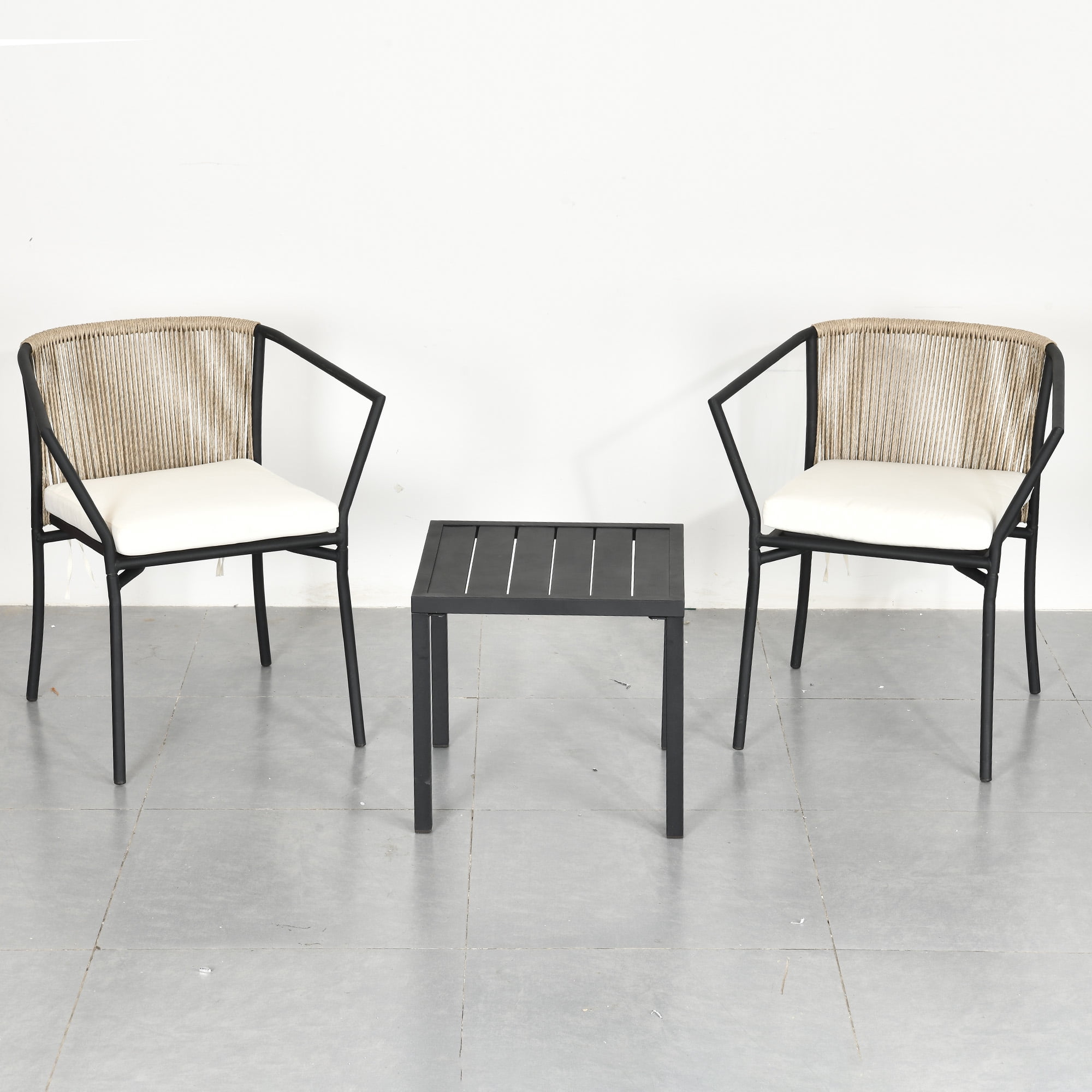 Dextrus 3-Piece Patio Conversation Bistro Set, Outdoor Wicker Dining Table Chairs Set, With 2 Stackable Chairs, Cushions, Side Table - Beige - Image 2